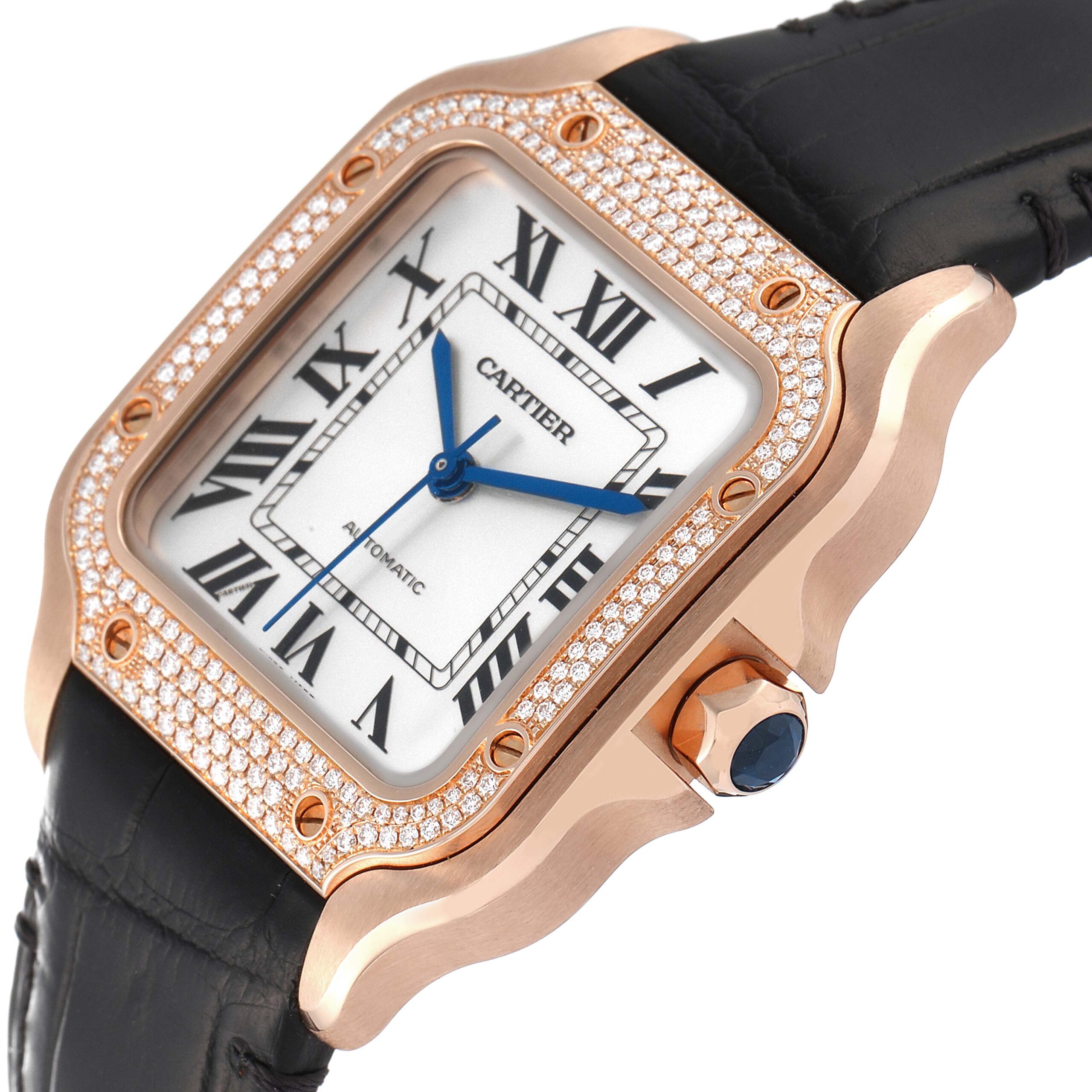 Cartier Santos Midsize Rose Gold Diamond Mens Watch WJSA0007 Box Card