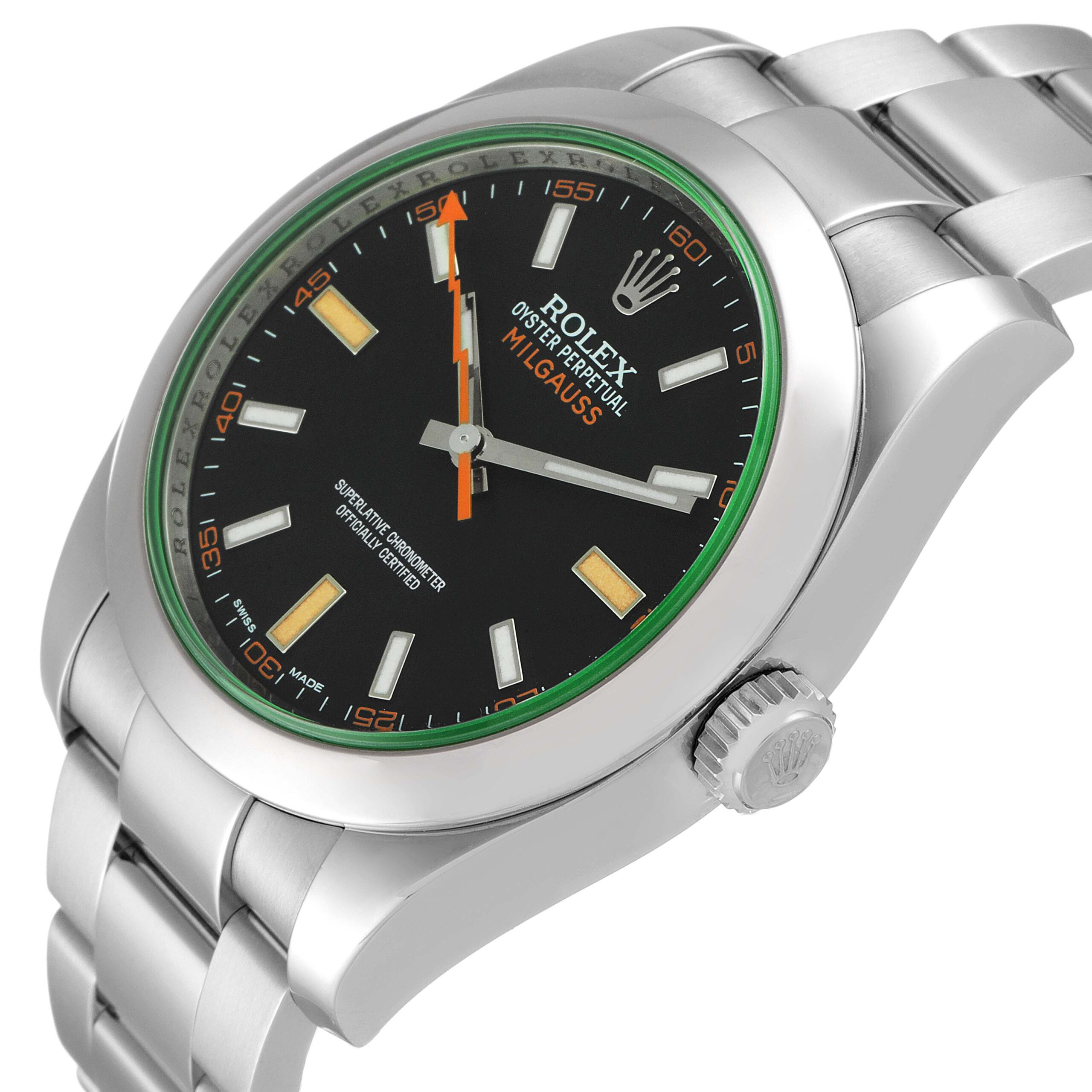 Rolex Milgauss Black Dial Green Crystal Steel Mens Watch 116400V Box Card