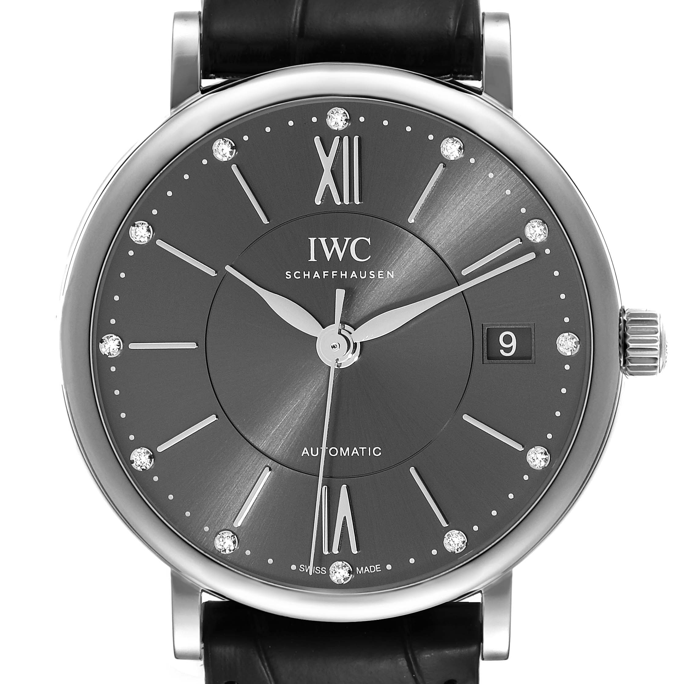IWC Portofino Automatic 37 Grey Diamond Dial Steel Mens Watch IW458102