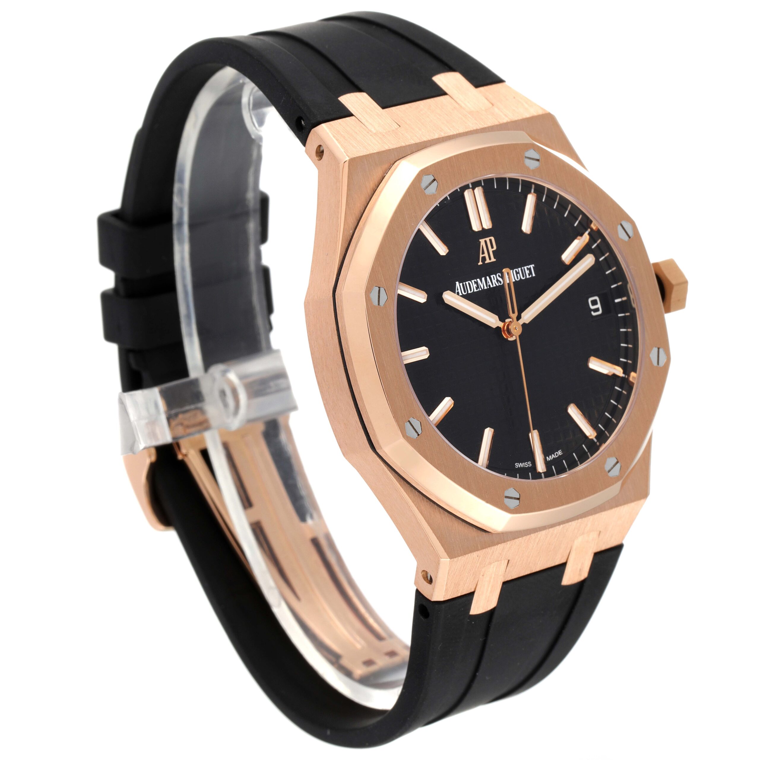 Audemars Piguet Royal Oak 18k Rose Gold Black Dial Watch 15500OR Box Papers