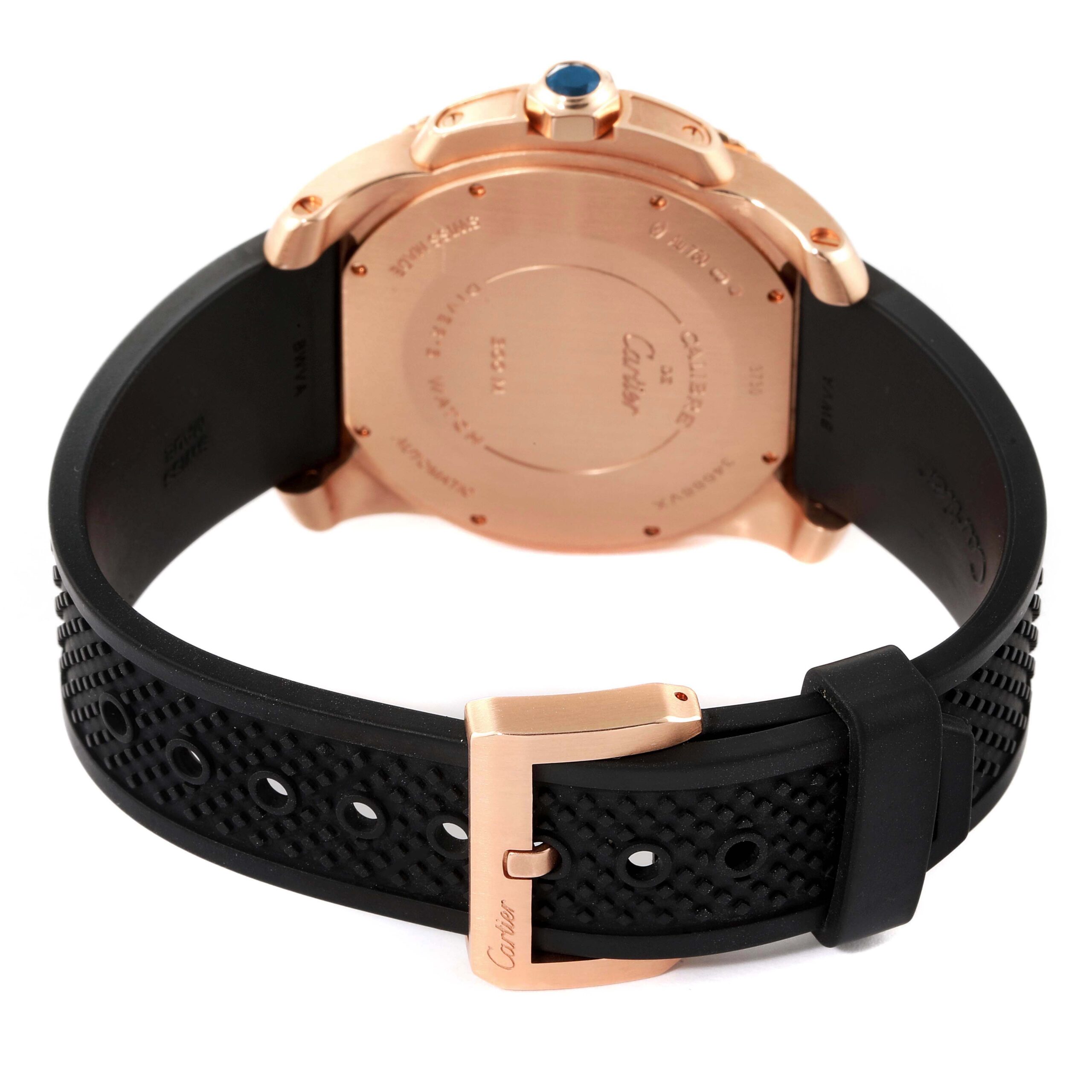 Cartier Calibre Rose Gold Black Dial Rubber Strap Mens Watch W7100052 Box Papers