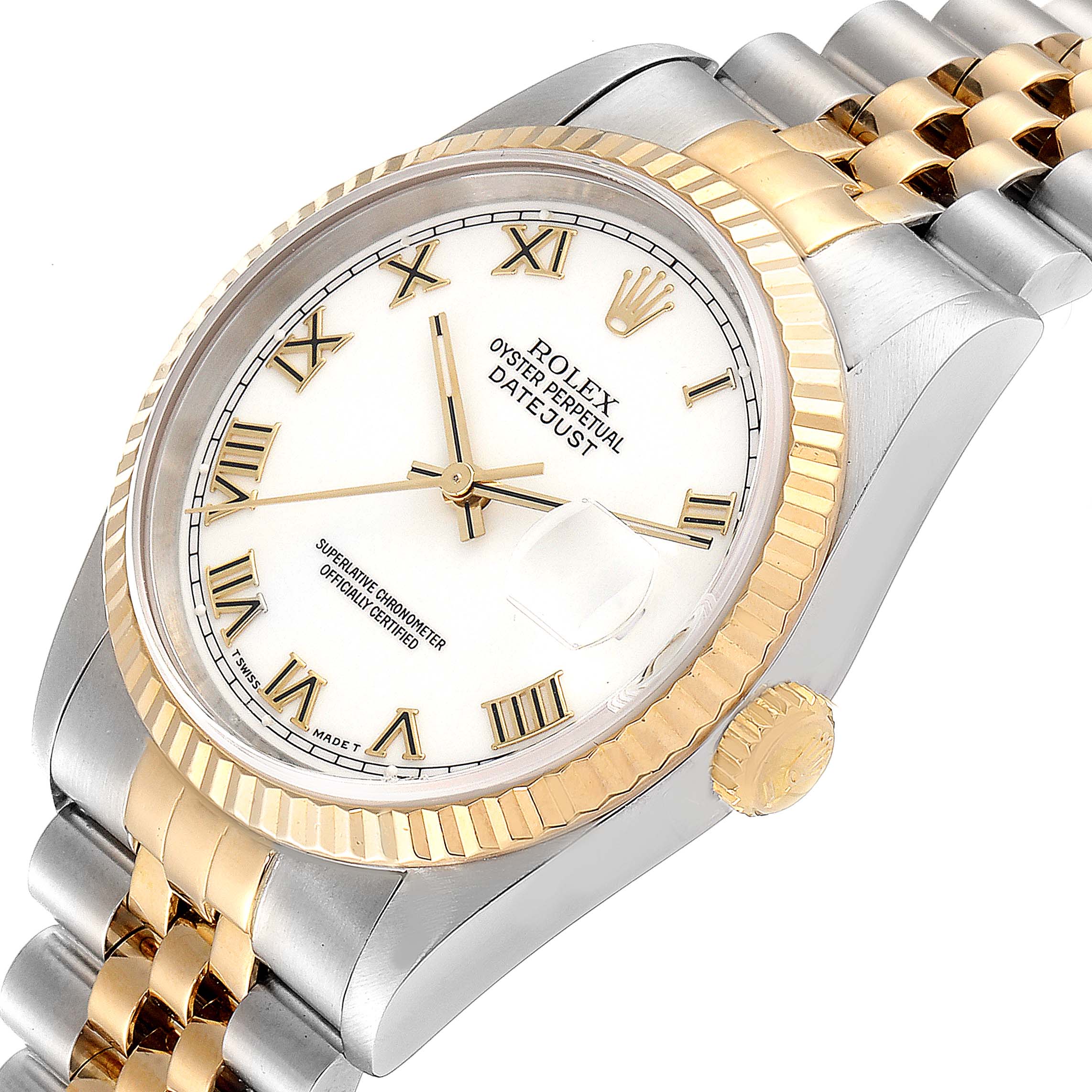 Rolex Datejust Steel Yellow Gold White Roman Dial Mens Watch 16233