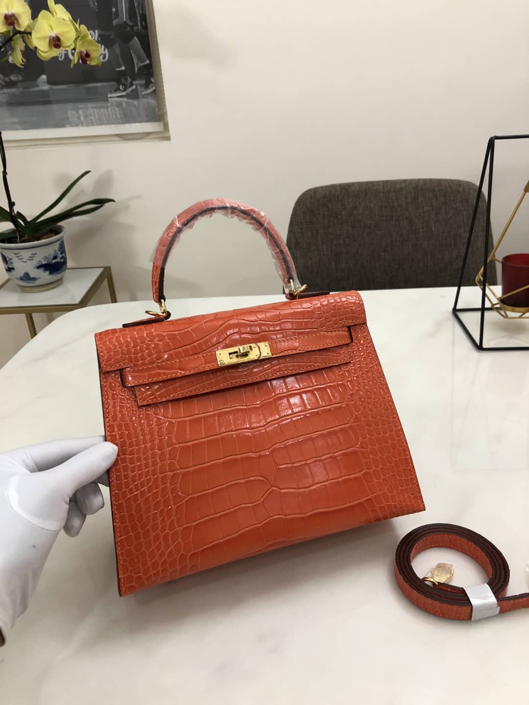 Hermes Kelly Dupe 25CM Crocodile Shiny Replica Bag