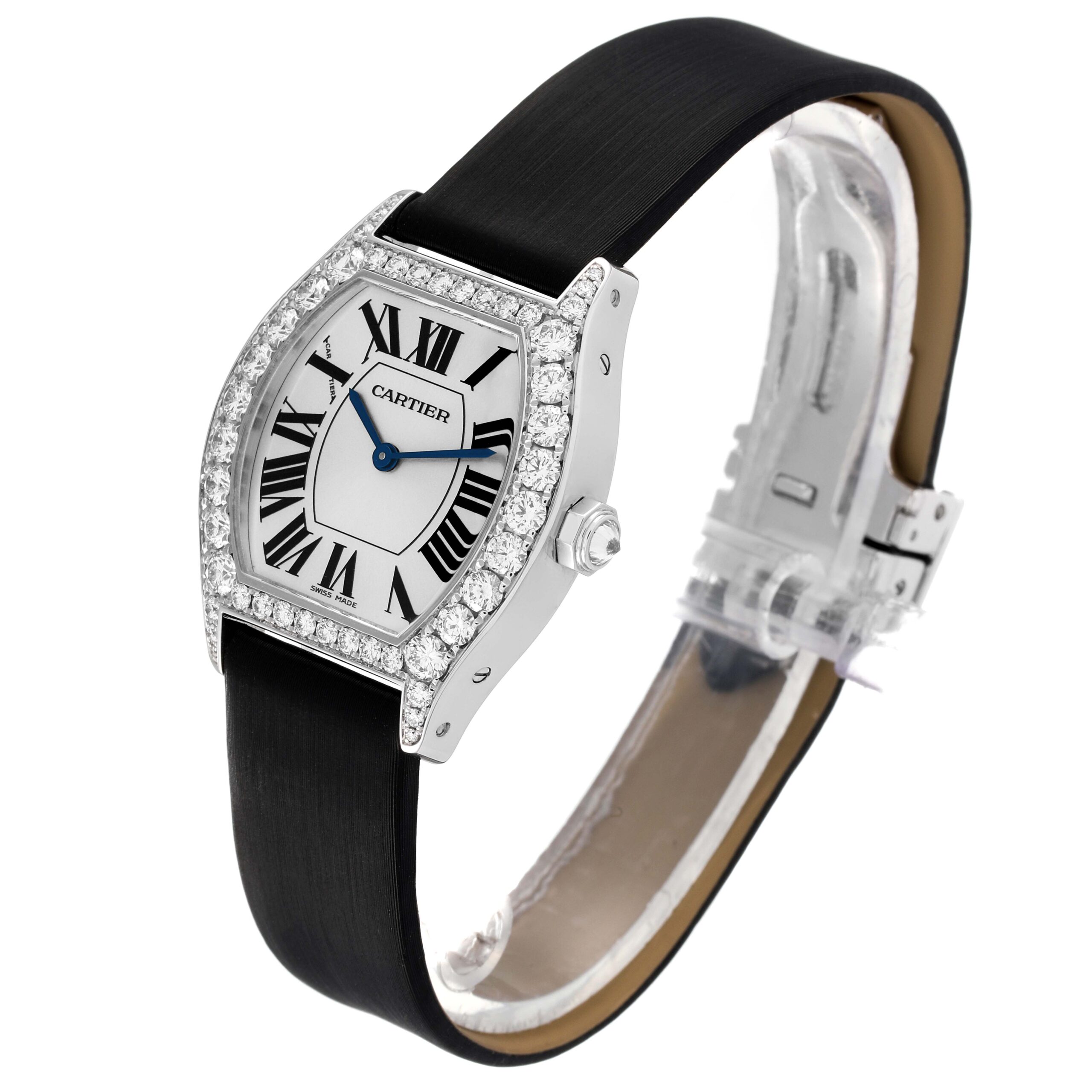 Cartier Tortue 18k White Gold Diamond Black Strap Ladies Watch WA507231