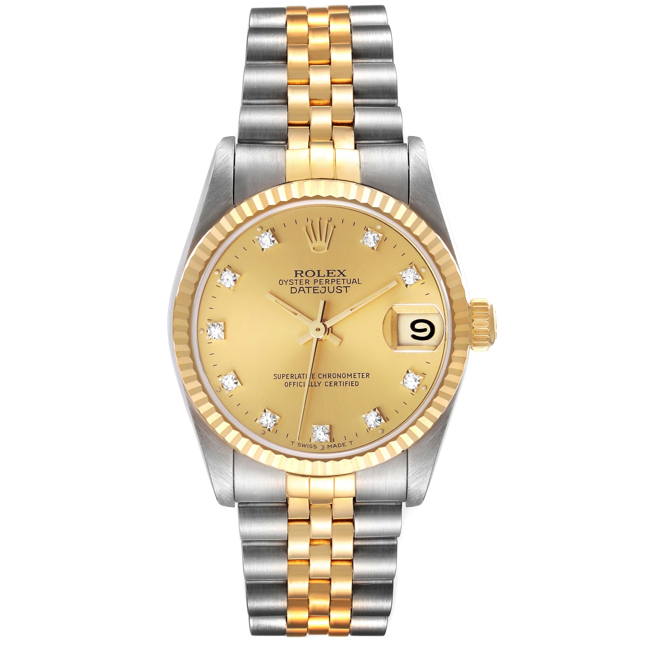Rolex Datejust Midsize Steel Yellow Gold Diamond Dial Ladies Watch 68273