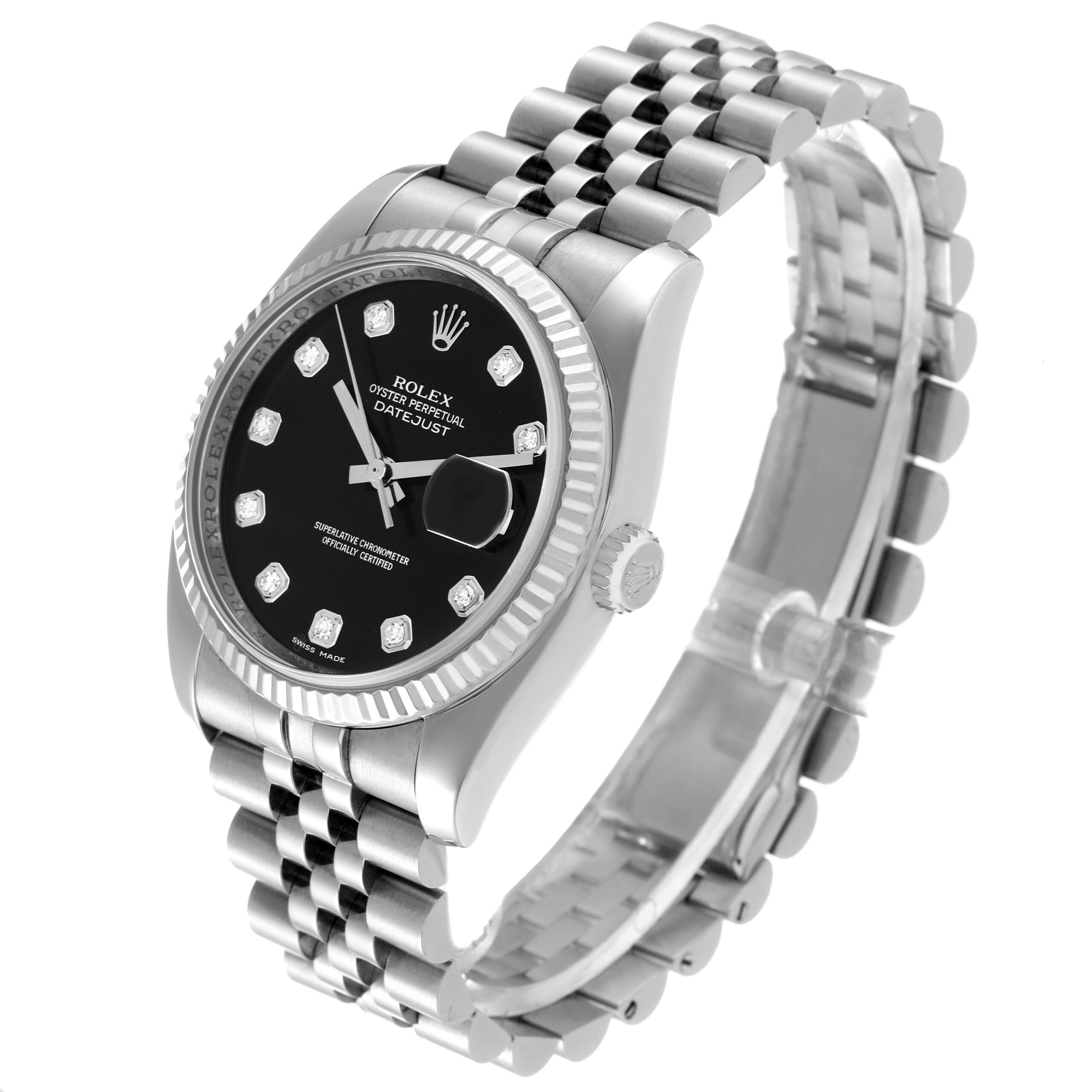Rolex Datejust Steel White Gold Black Diamond Dial Mens Watch 116234
