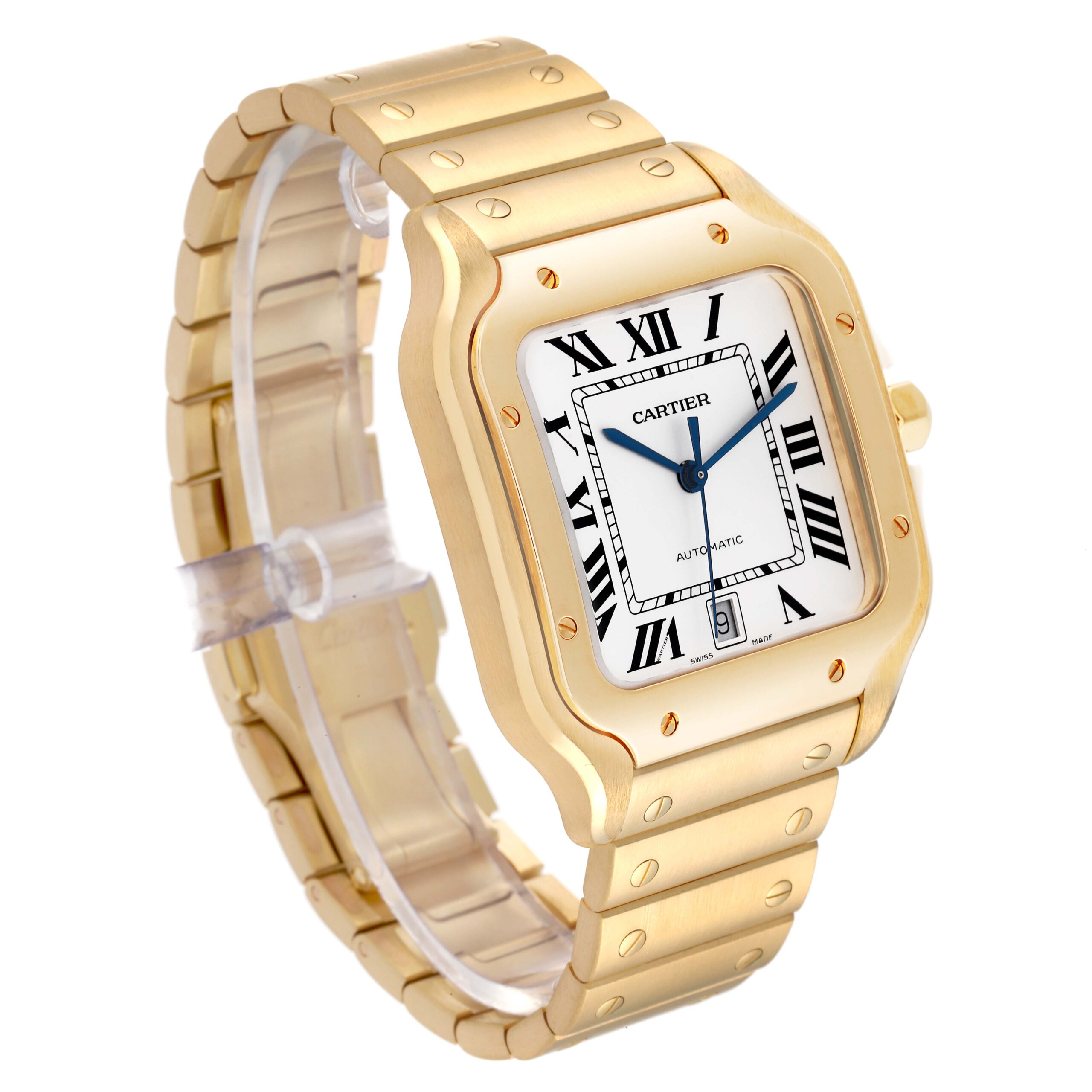 Cartier Santos Silver Dial Large 18k Yellow Gold Mens Watch WGSA0029
