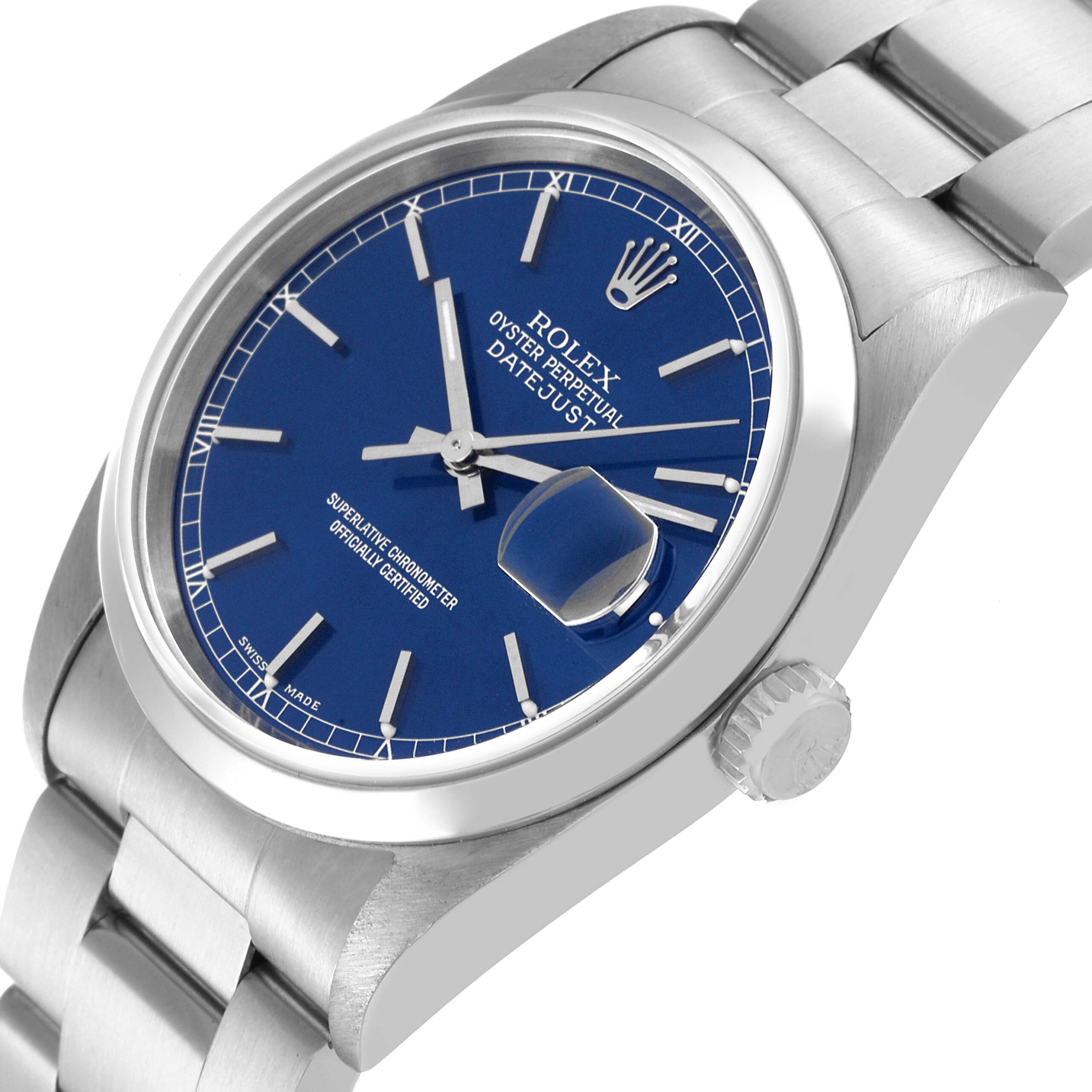 Rolex Datejust Blue Dial Smooth Bezel Steel Mens Watch 16200 Box Papers