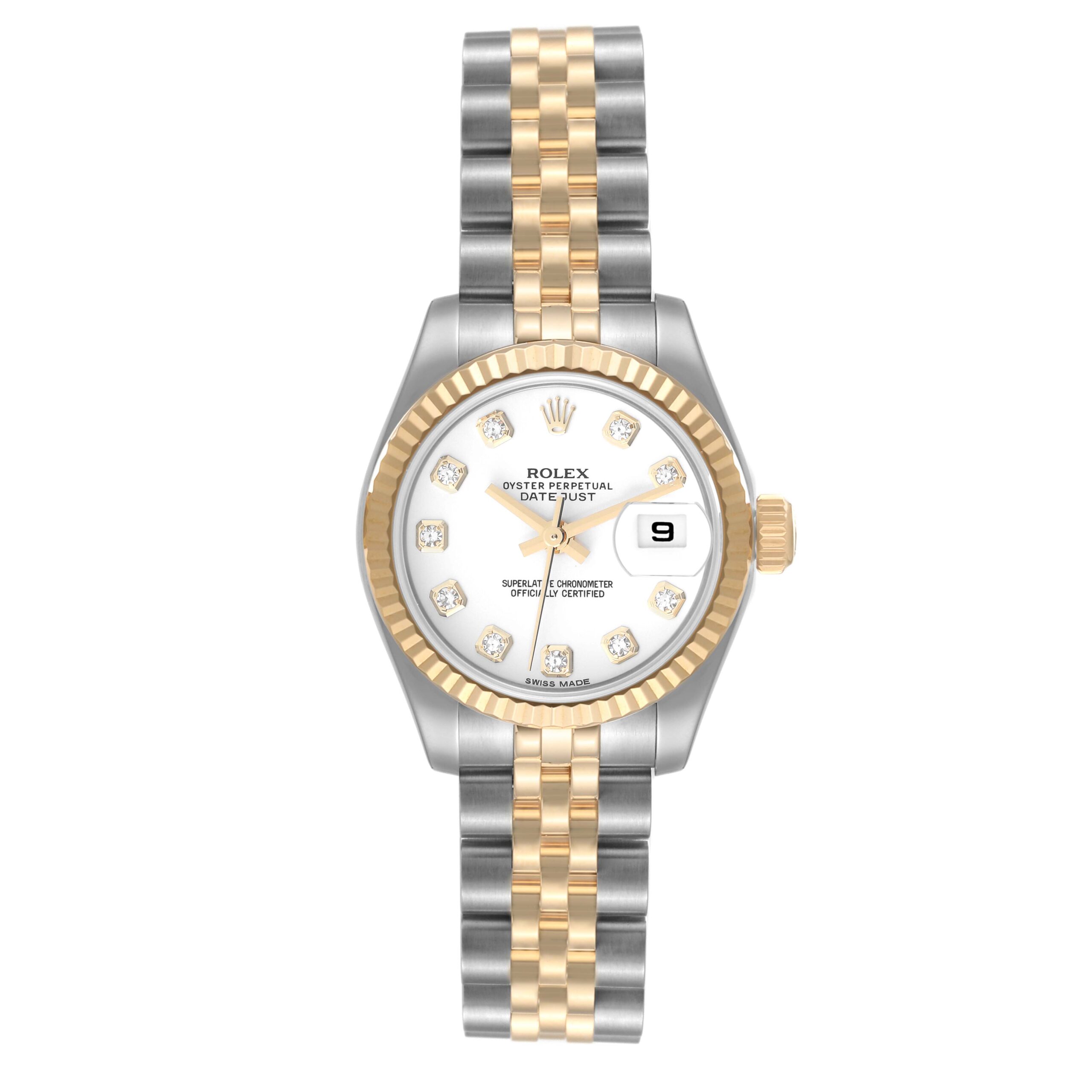 Rolex Datejust Steel Yellow Gold White Diamond Dial Ladies Watch 179173 Box Card