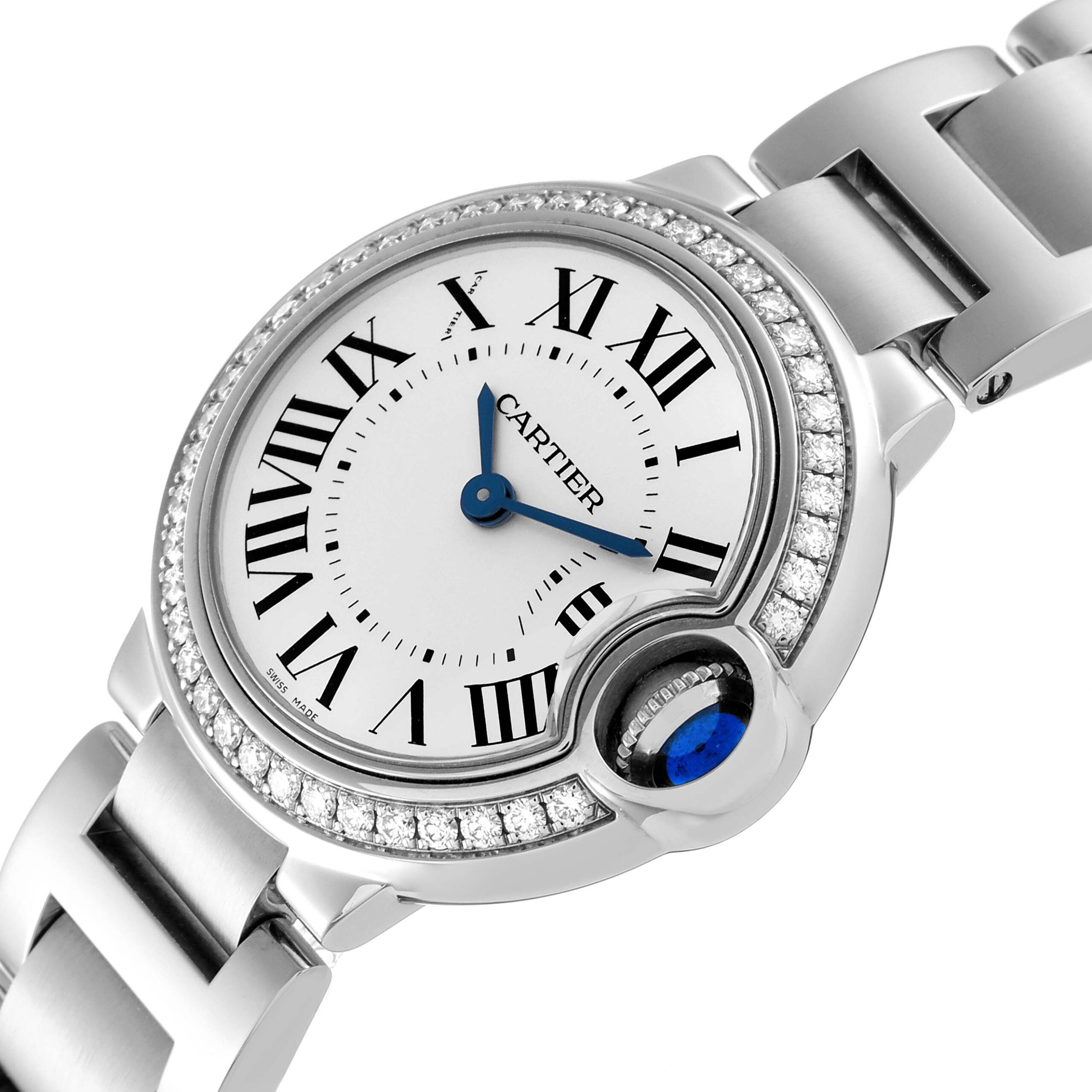 Cartier Ballon Bleu Steel Silver Dial Diamond Ladies Watch W4BB0015 Box Papers