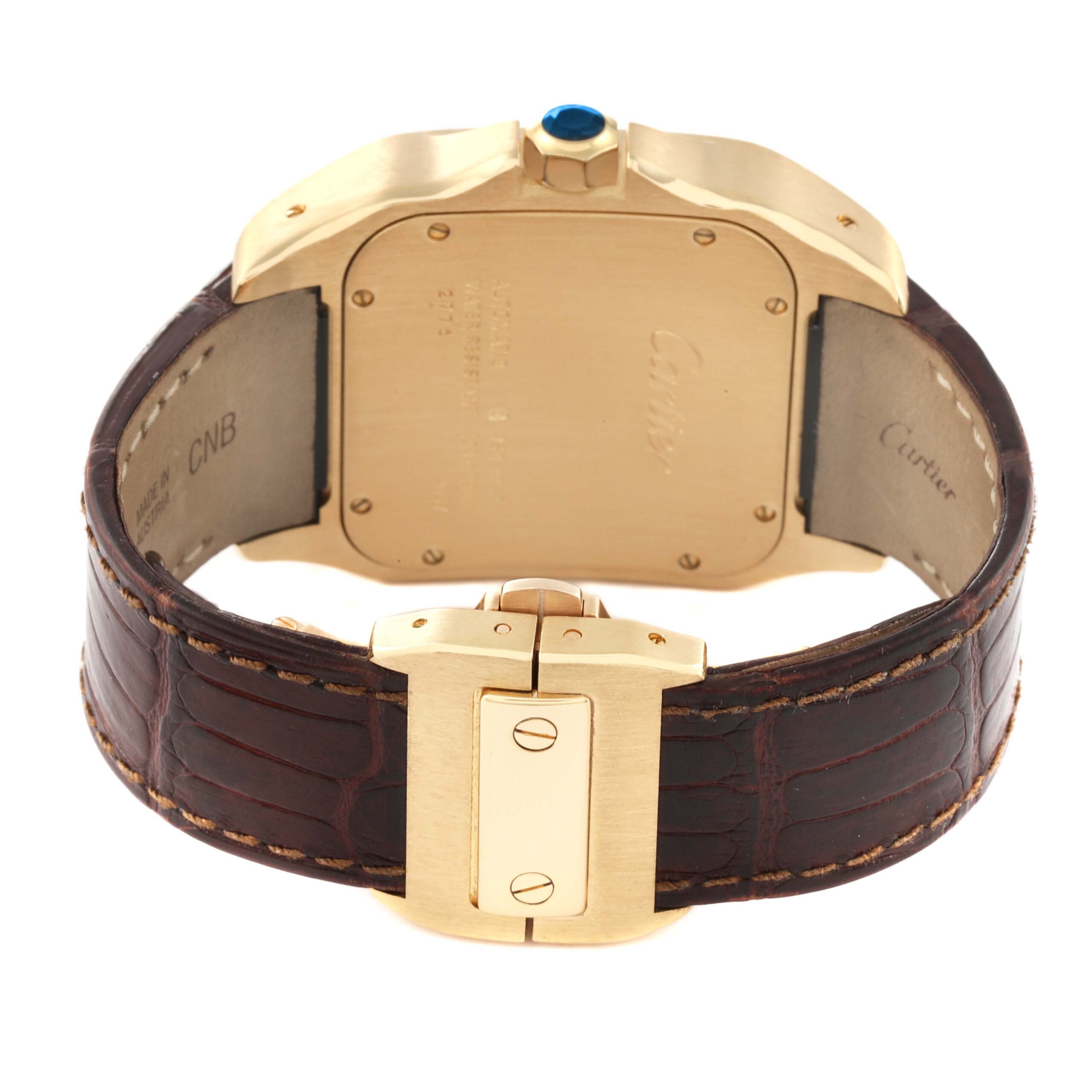 Cartier Santos 100 XL 18K Yellow Gold Brown Strap Mens Watch W20071Y1