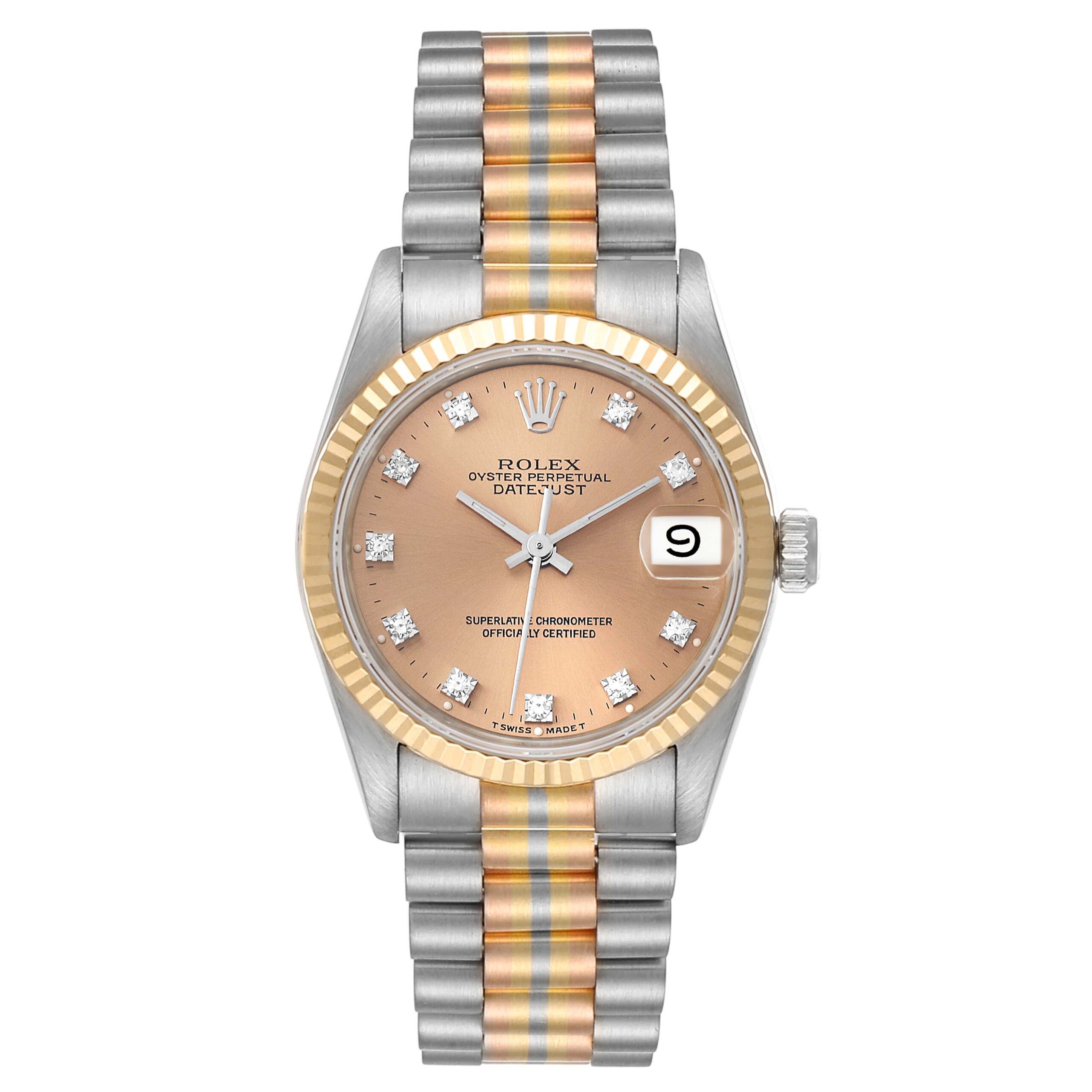 Rolex President Midsize Tridor White Yellow Rose Gold Diamond Ladies Watch 68279