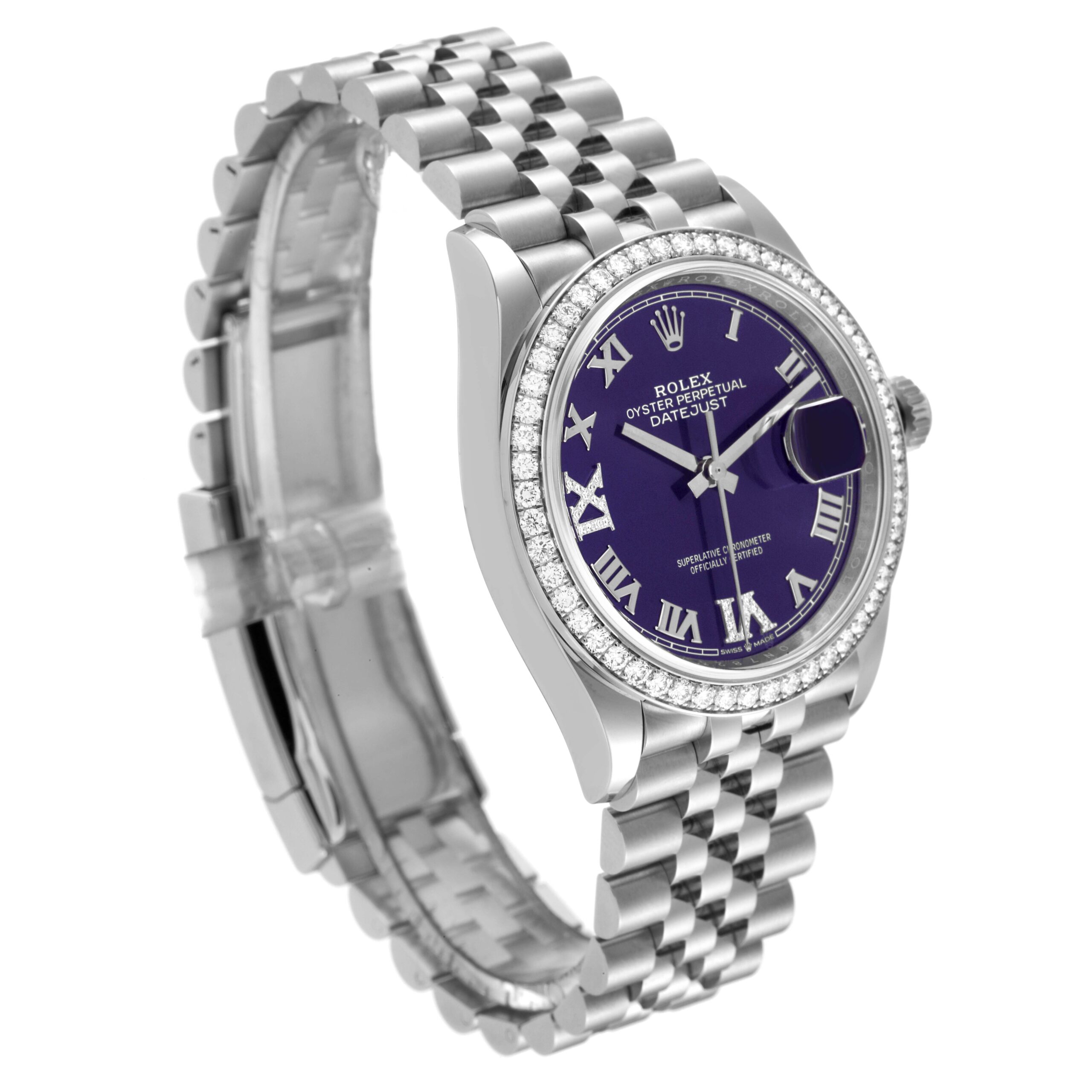 Rolex Datejust Steel Purple Diamond Dial Bezel Mens Watch 126284 Unworn