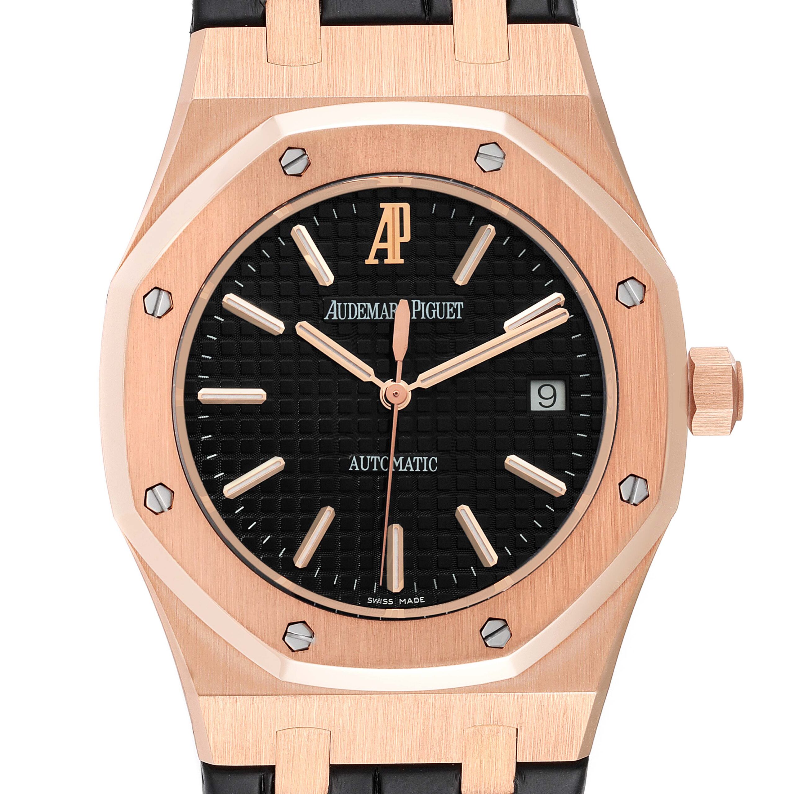 Audemars Piguet Royal Oak 18k Rose Gold Black Dial Watch 15300OR Box Papers