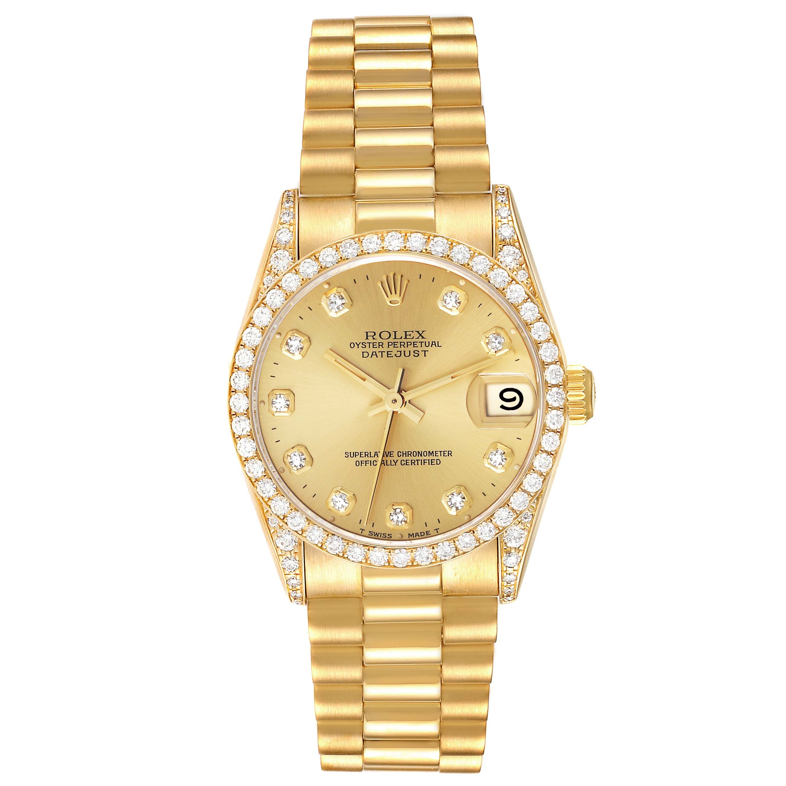 Rolex Datejust President Midsize Yellow Gold Diamond Bezel Ladies Watch 68158