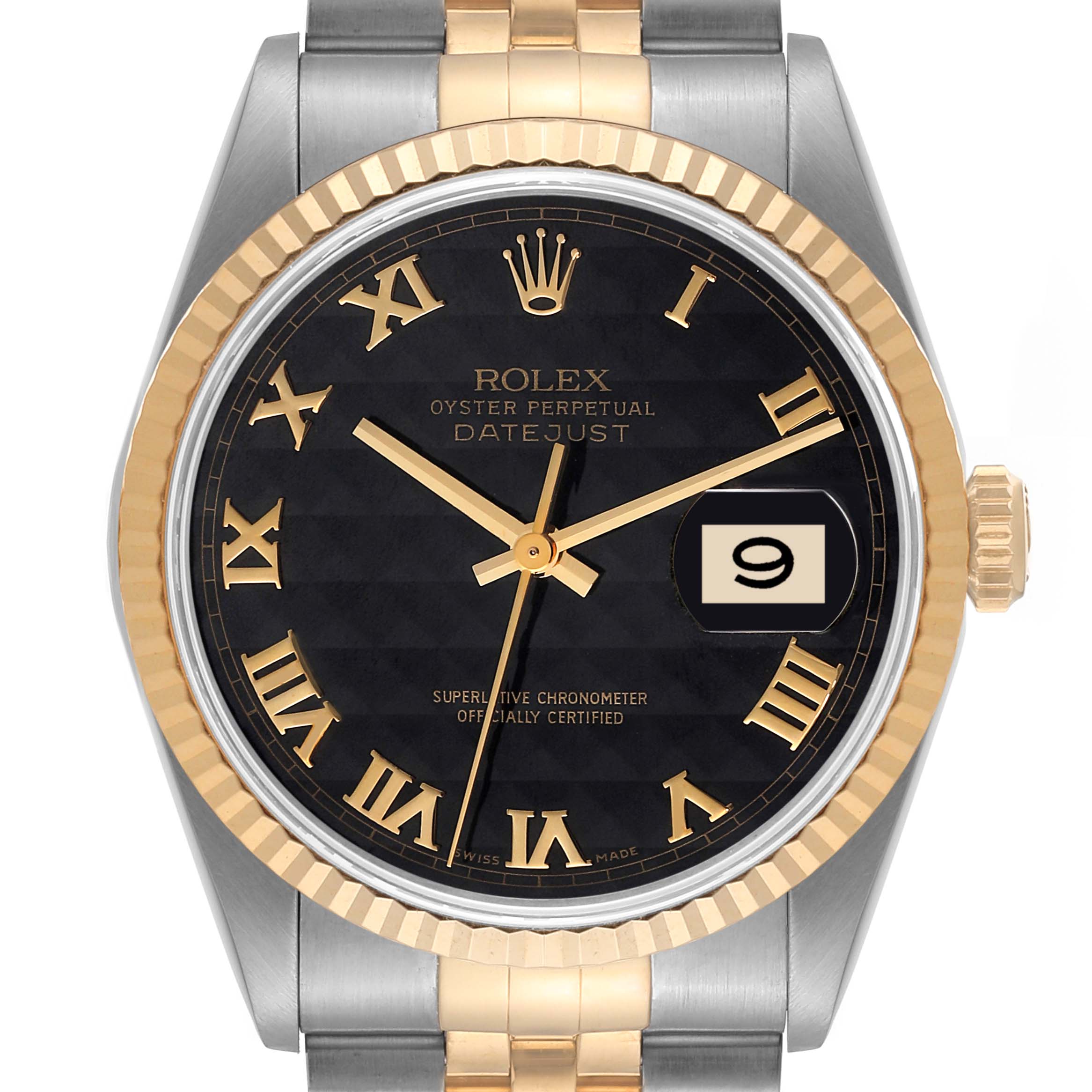 Rolex Datejust Steel Yellow Gold Black Pyramid Dial Mens Watch 16233