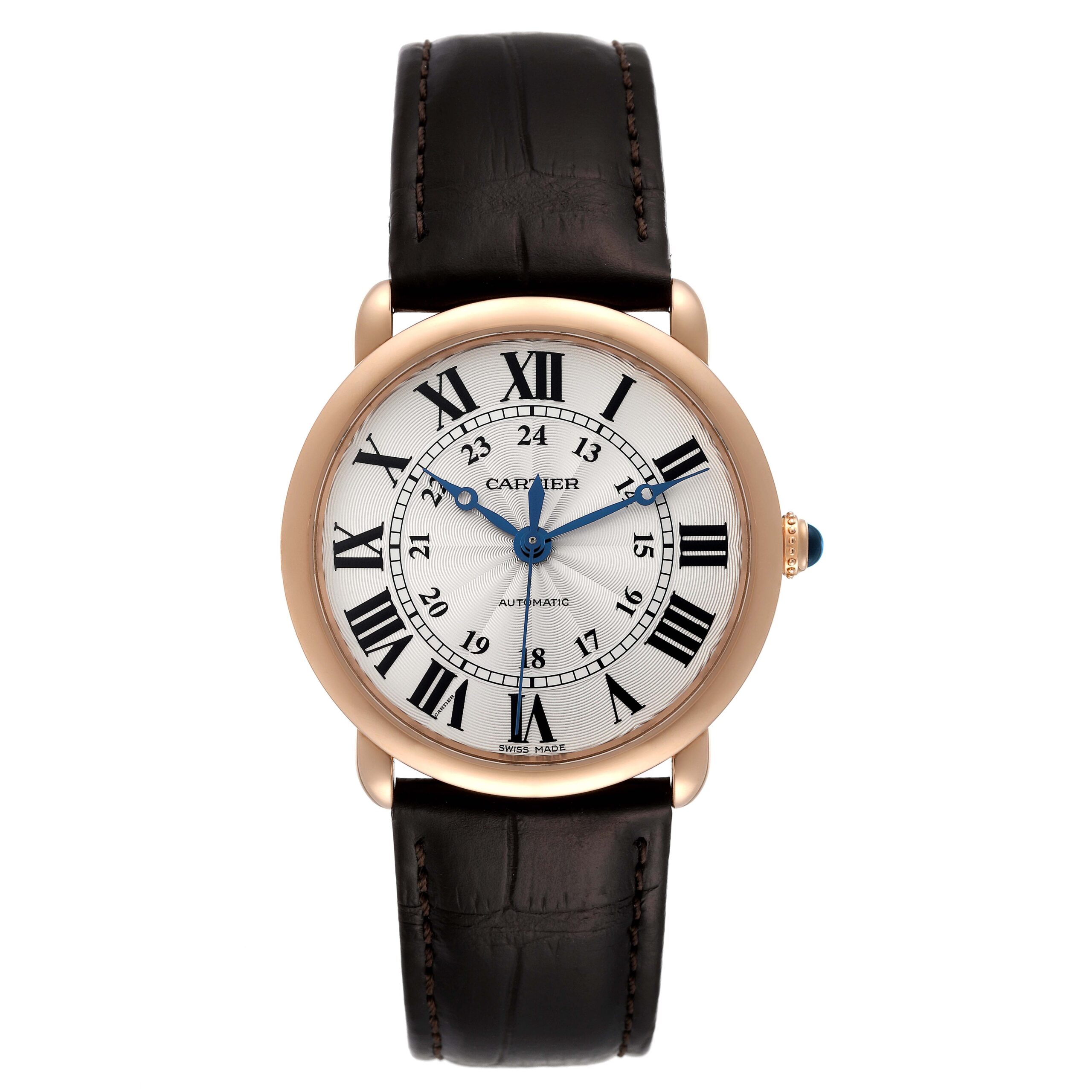Cartier Ronde Louis Rose Gold Silver Dial Mens Watch WGRN0006 Box Card