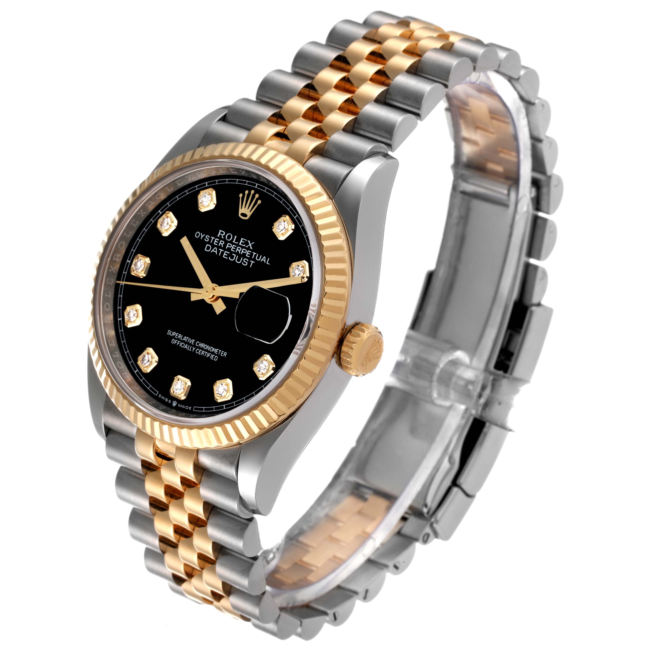 Rolex Datejust Steel Yellow Gold Black Diamond Dial Mens Watch 126233