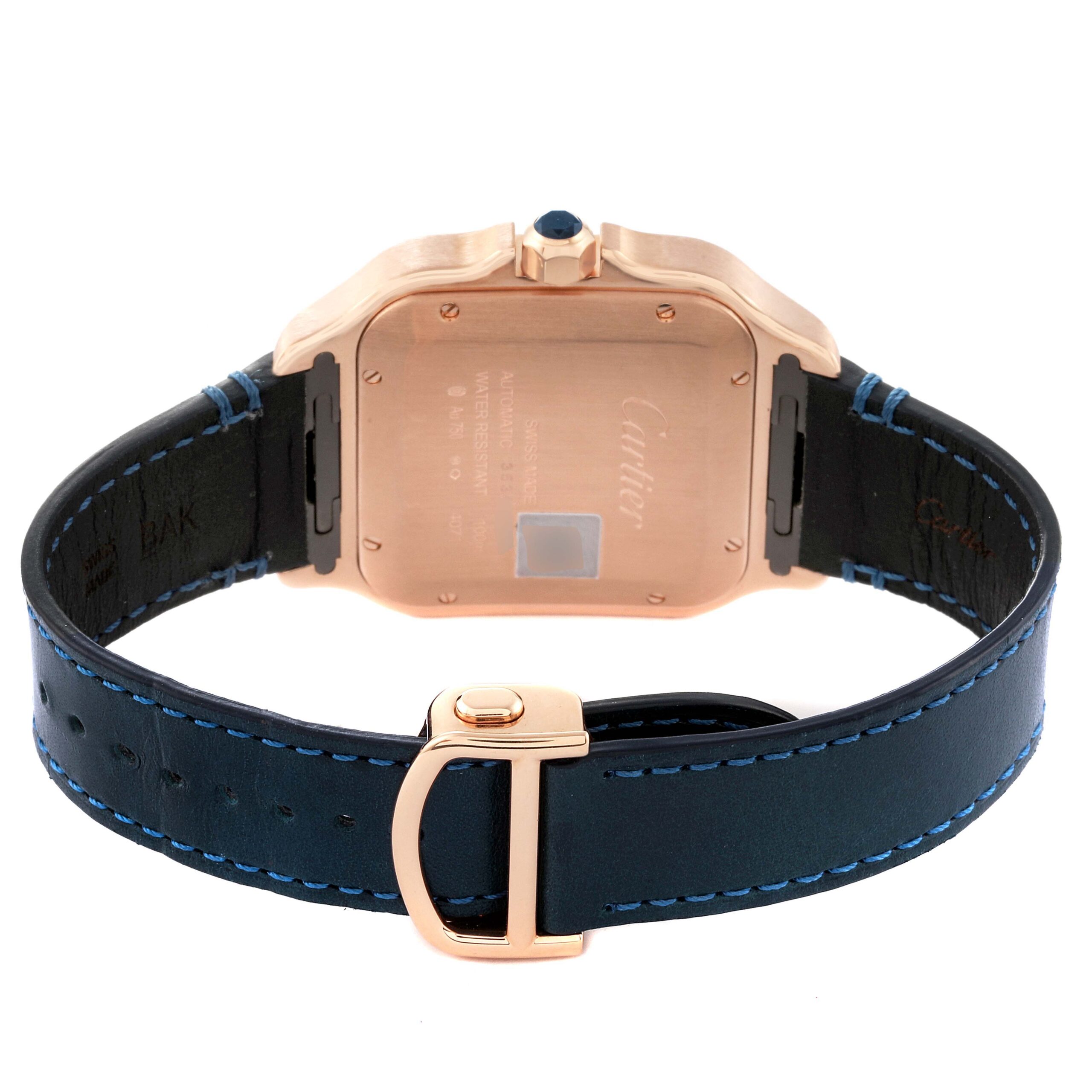 Cartier Santos Large Rose Gold Blue Strap Mens Watch WGSA0019 Card