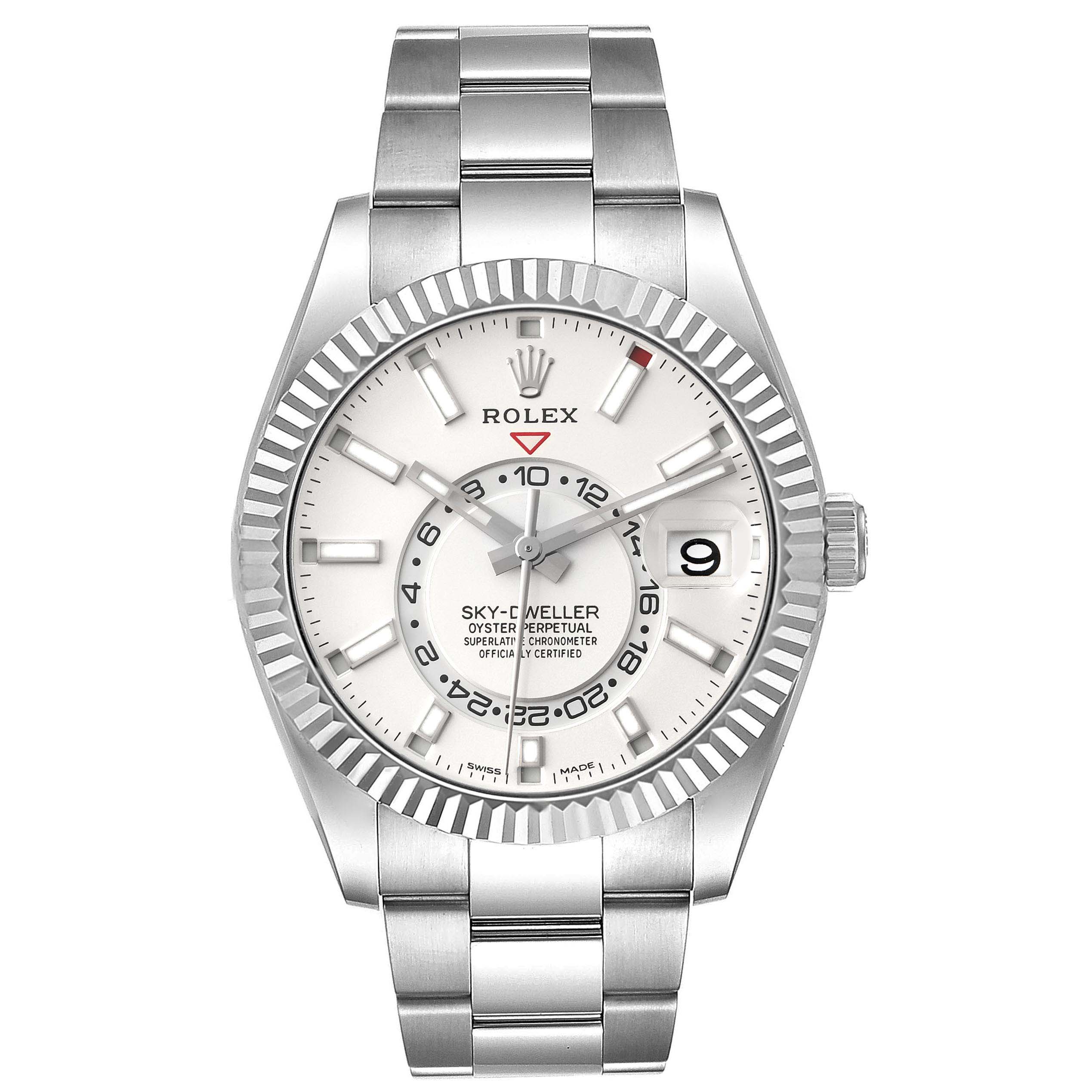 Rolex Sky-Dweller Silver Dial Steel White Gold Mens Watch 326934 Box Card