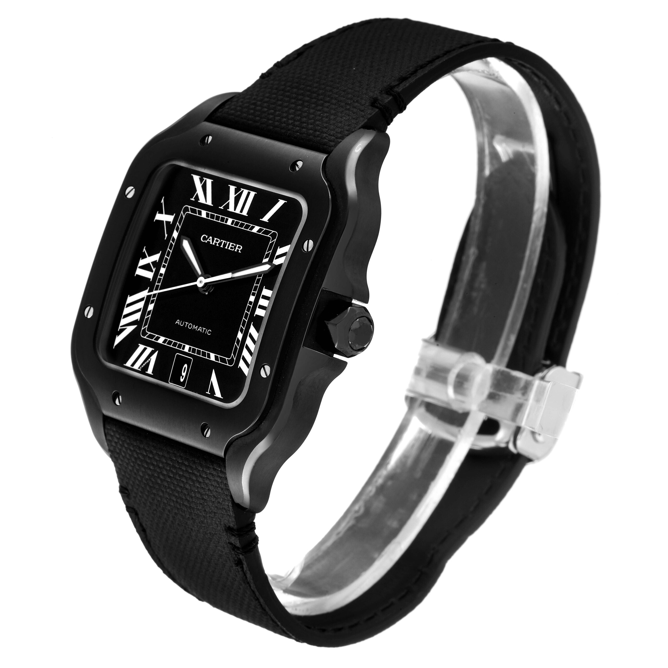 Cartier Santos de Cartier Black Leather Strap Steel Mens Watch WSSA0039 Box Card