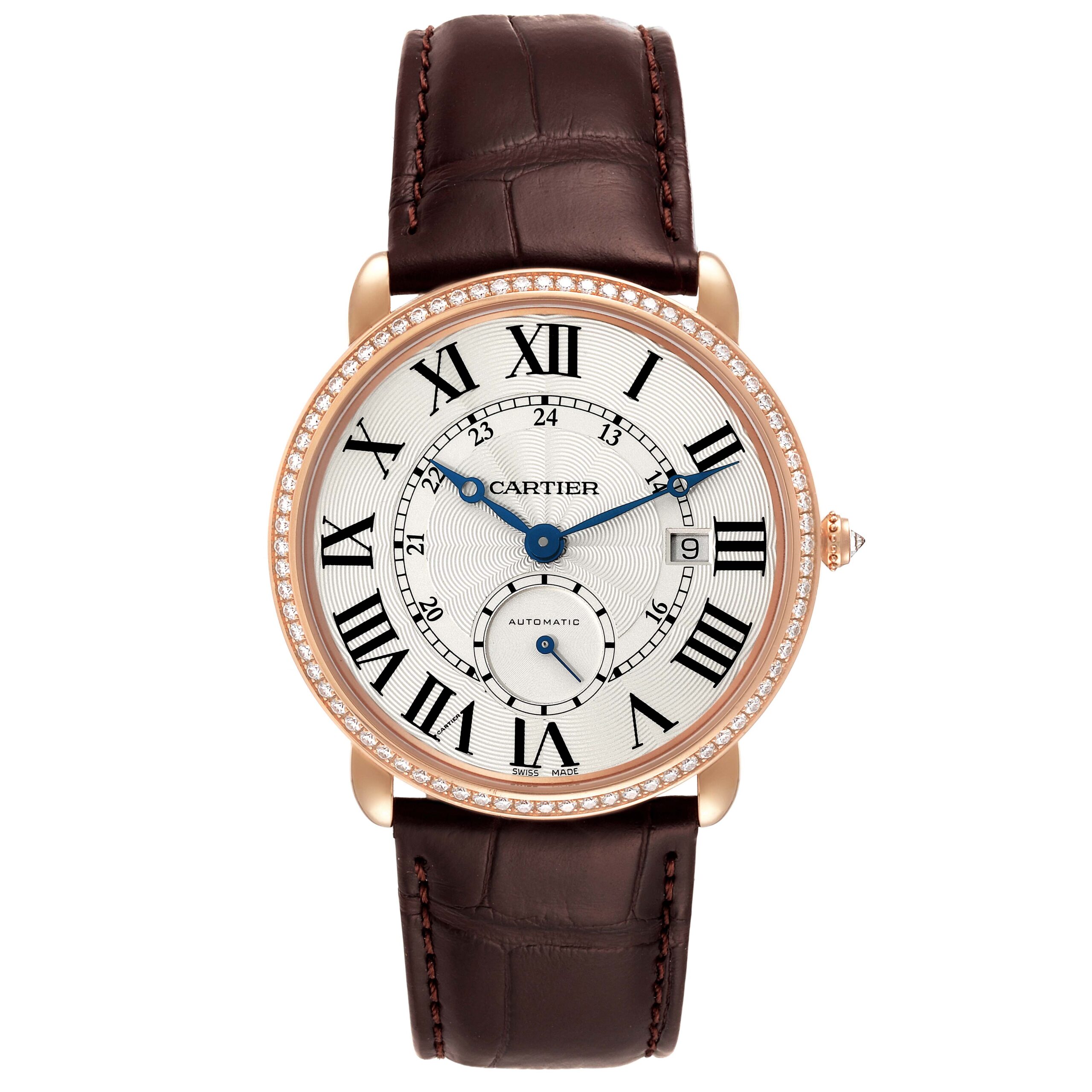 Cartier Ronde Louis Rose Gold Diamond Bezel Silver Dial Mens Watch WR007017