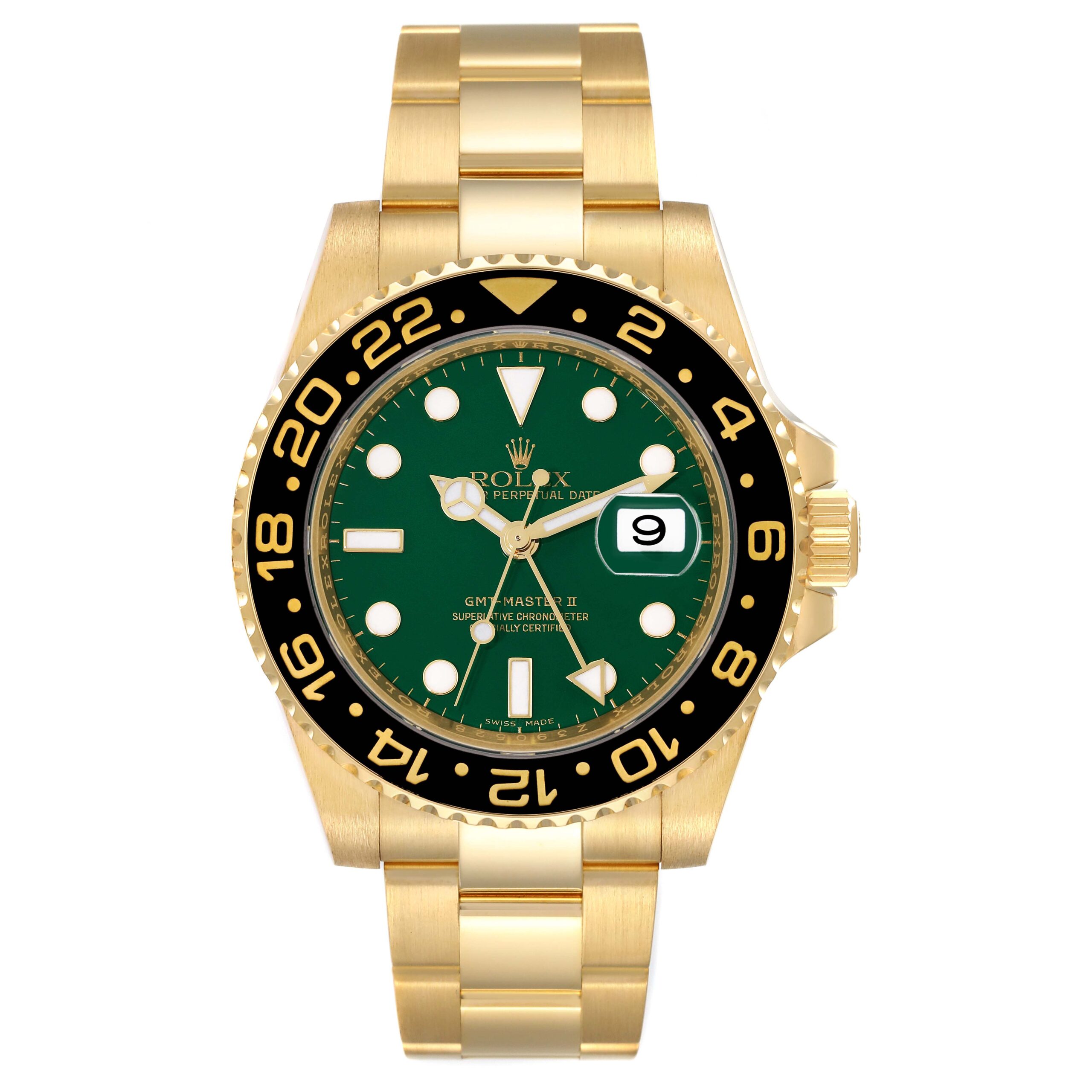 Rolex GMT Master II 18K Yellow Gold Green Dial Mens Watch 116718