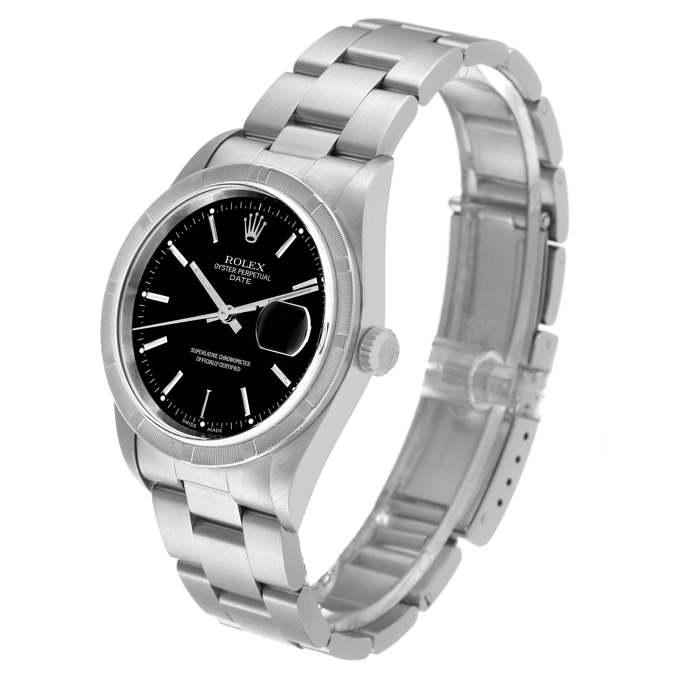 Rolex Date Black Dial Engine Turned Bezel Steel Mens Watch 15210