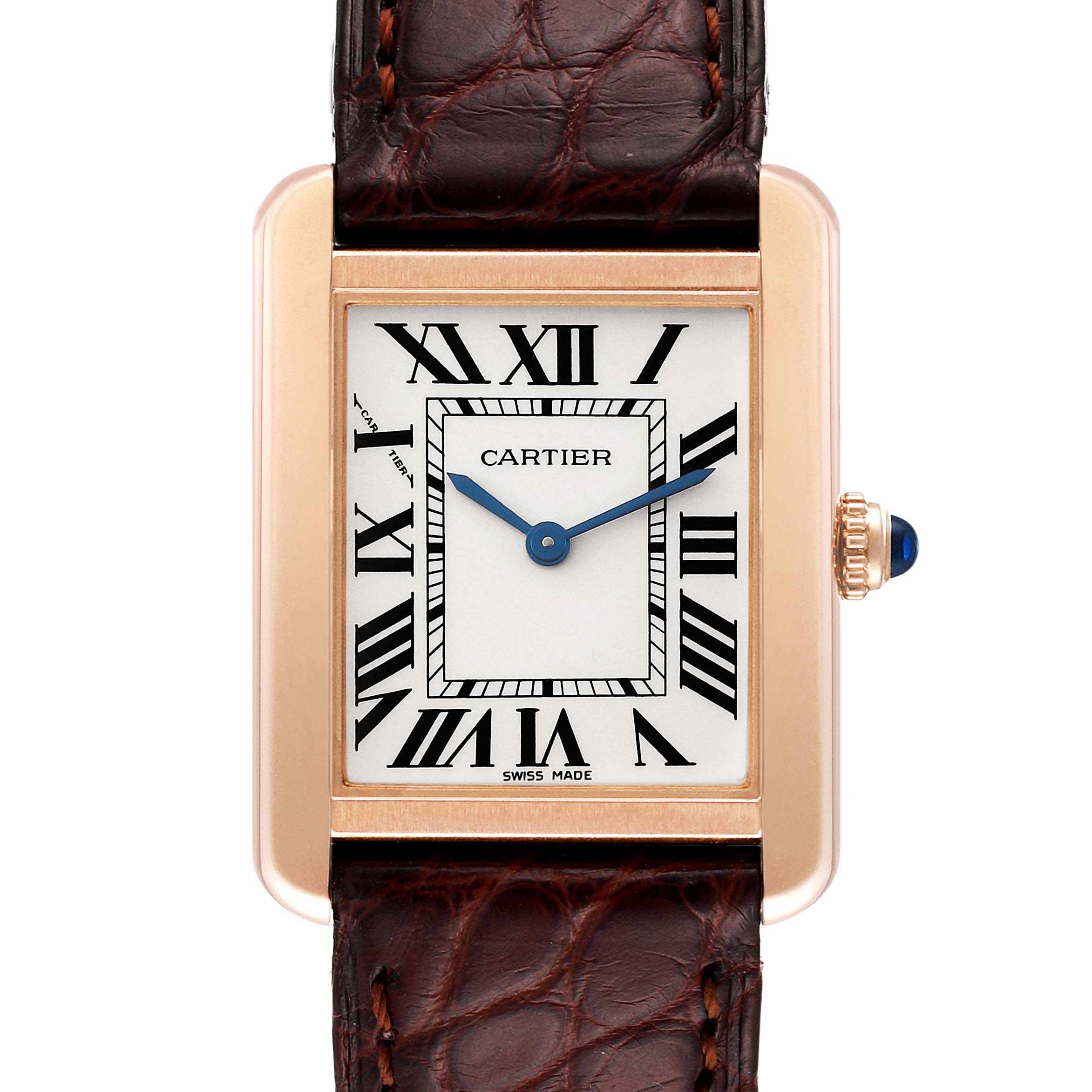 Cartier Tank Solo Rose Gold Steel Brown Strap Ladies Watch W5200024 Box Papers