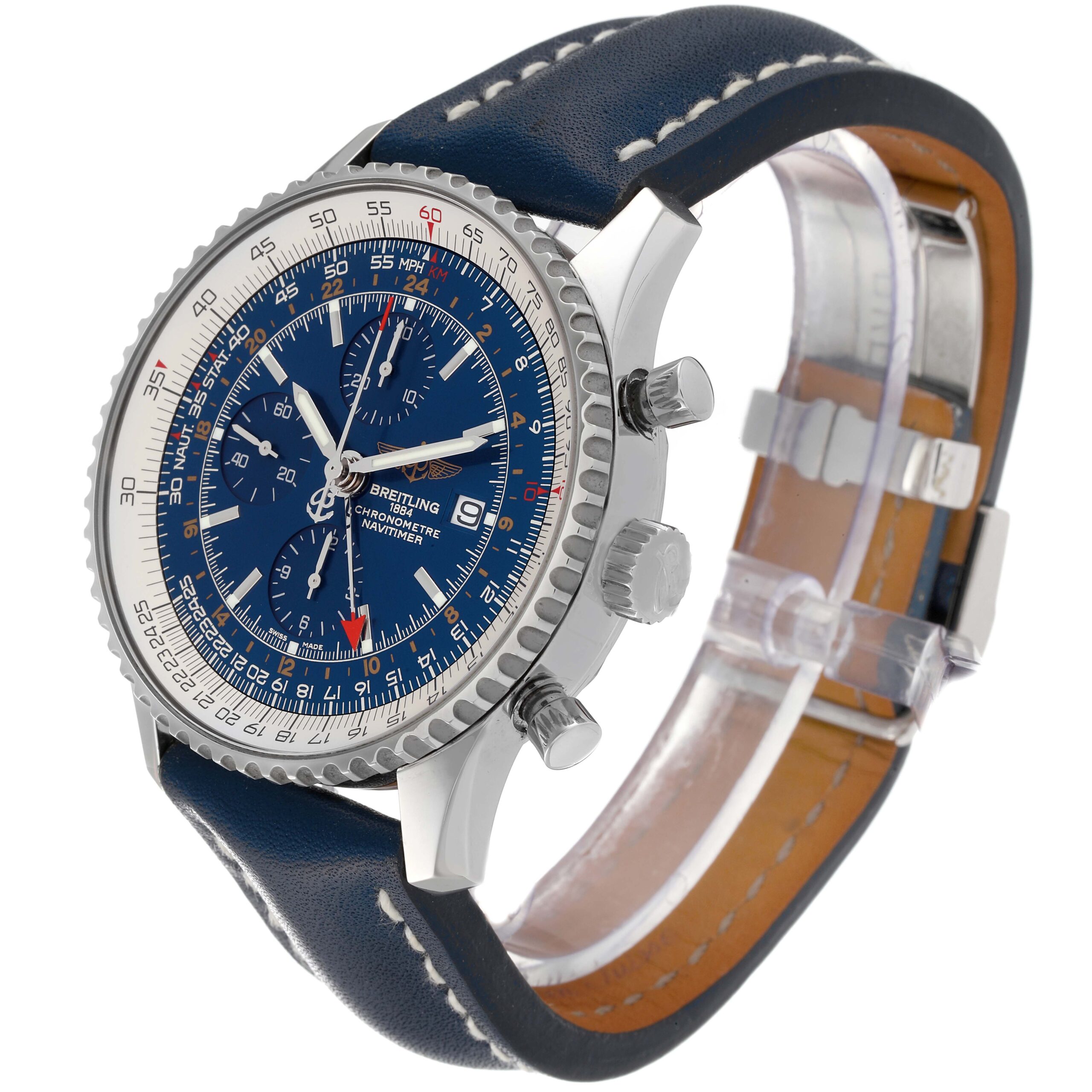 Breitling Navitimer World Blue Dial Steel Mens Watch A24322 Box Papers