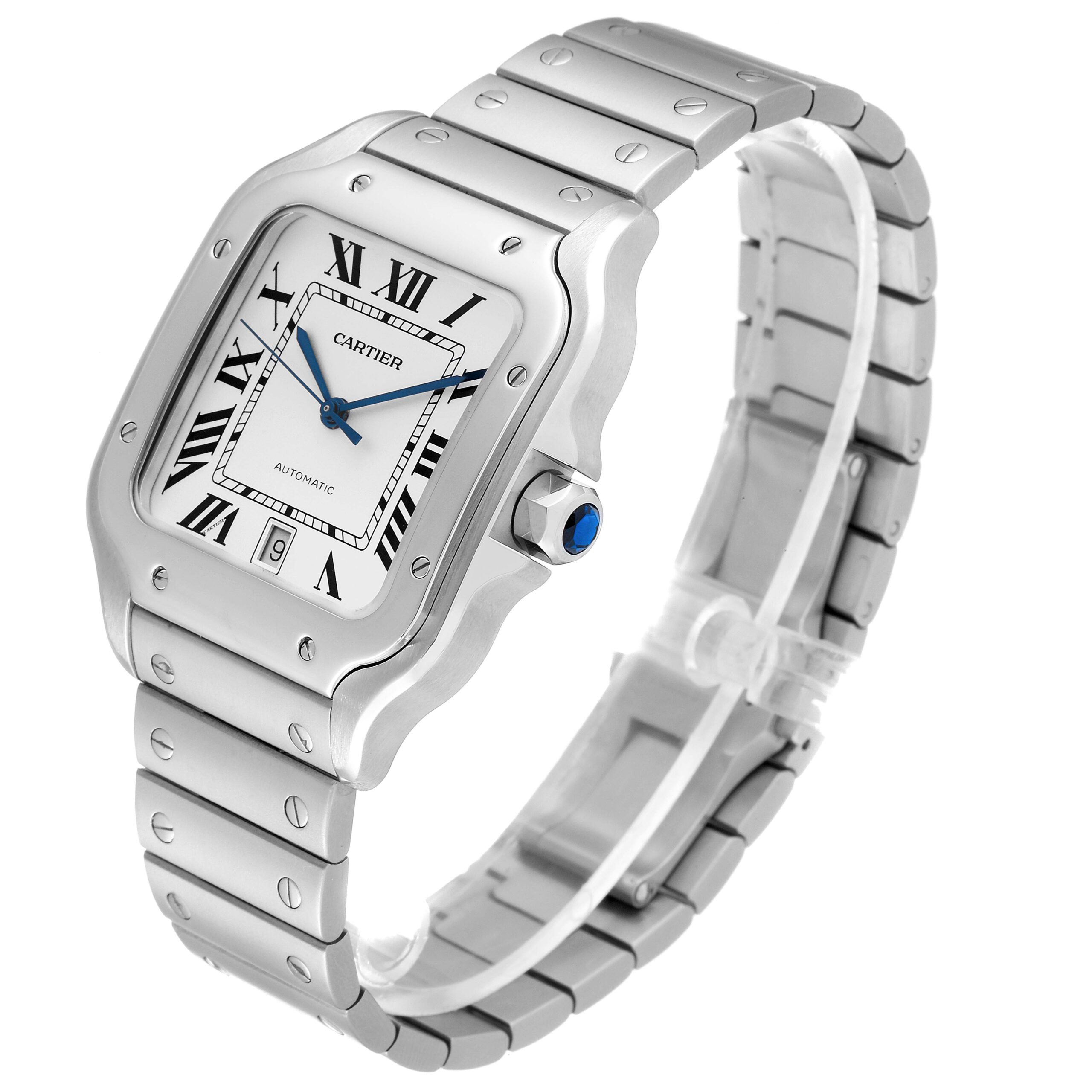 Cartier Santos Silver Dial Large Steel Mens Watch WSSA0018 Box Card Unworn