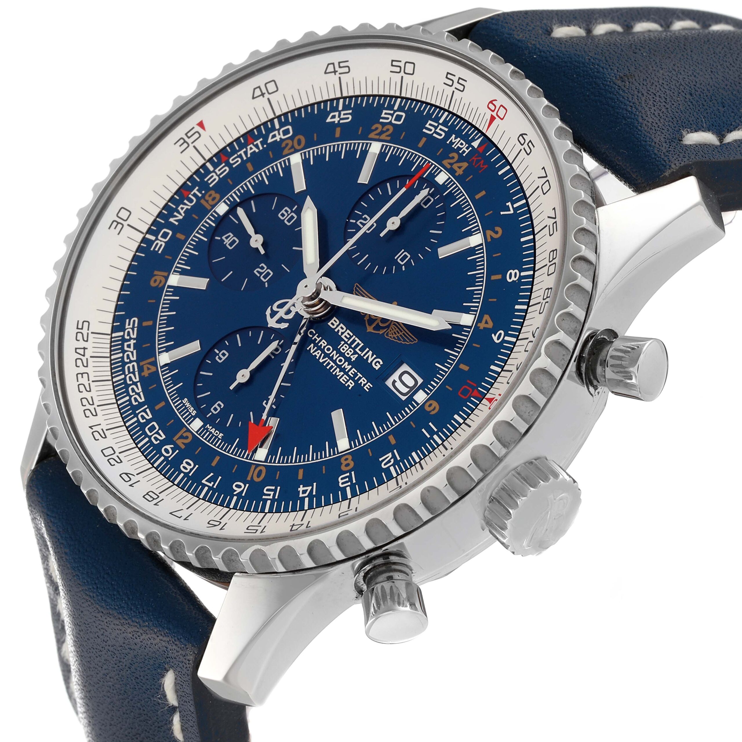 Breitling Navitimer World Blue Dial Steel Mens Watch A24322 Box Papers