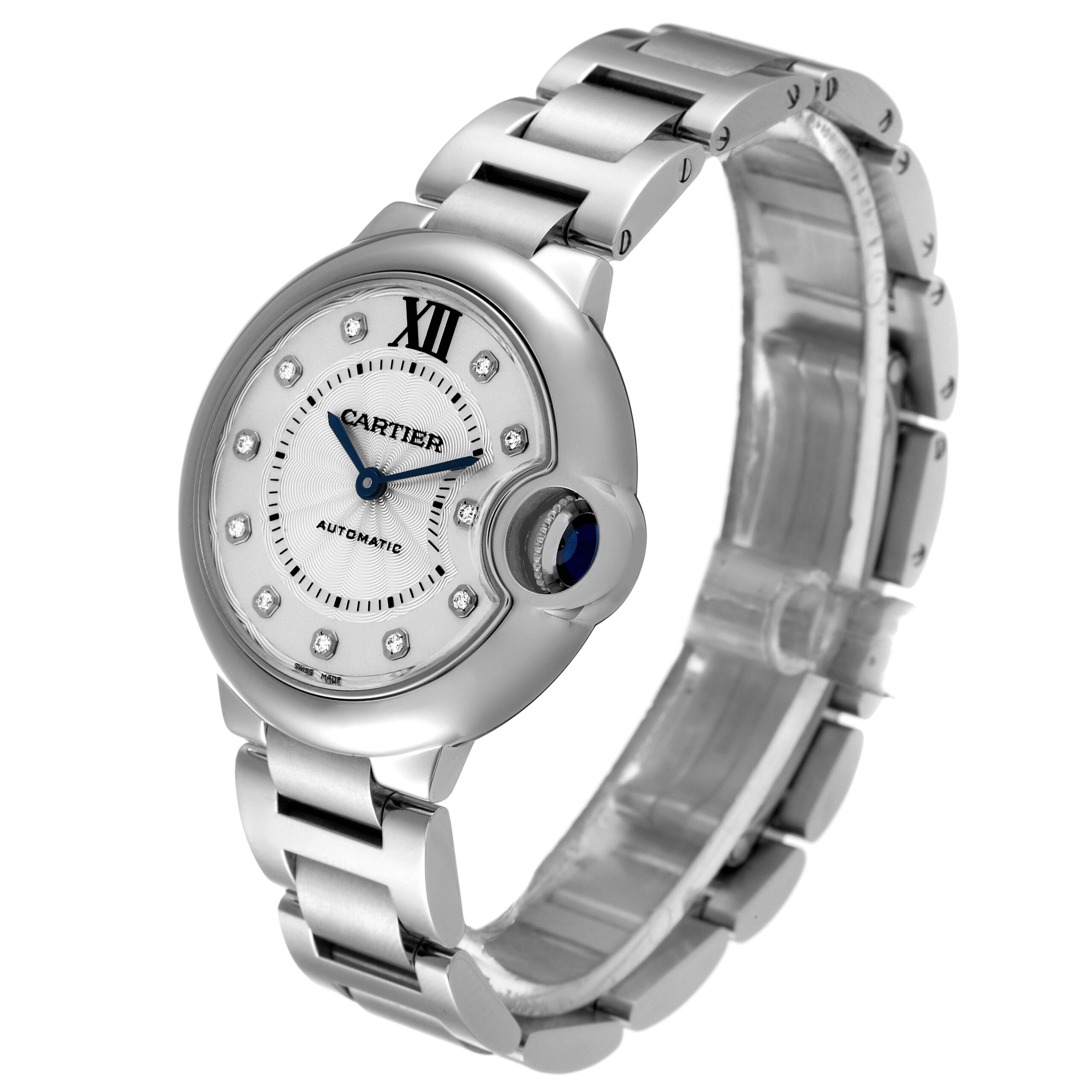 Cartier Ballon Bleu 33 Diamond Dial Steel Ladies Watch WE902074 Box Papers