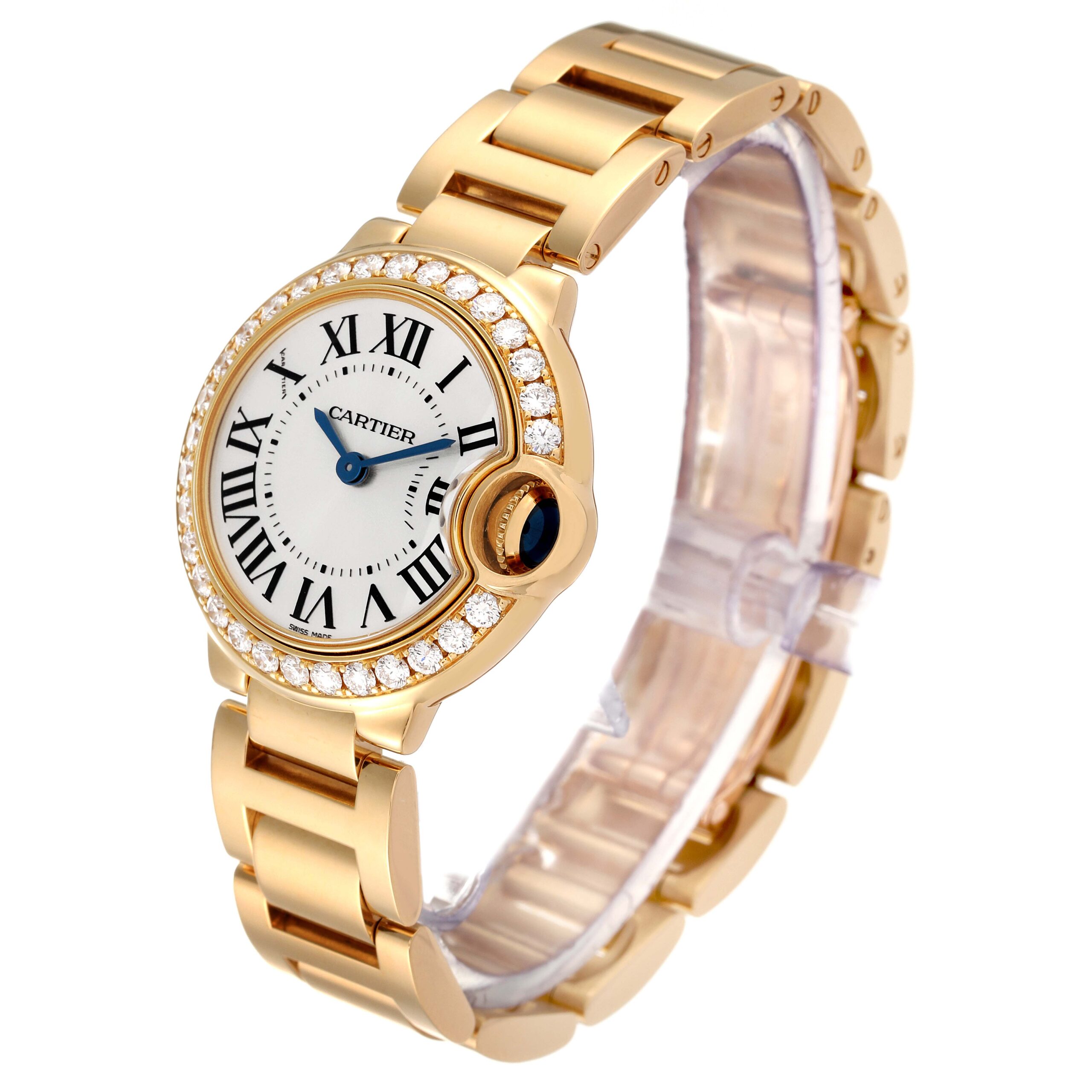 Cartier Ballon Bleu Yellow Gold Diamond Bezel Ladies Watch WE9001Z3 Box Papers