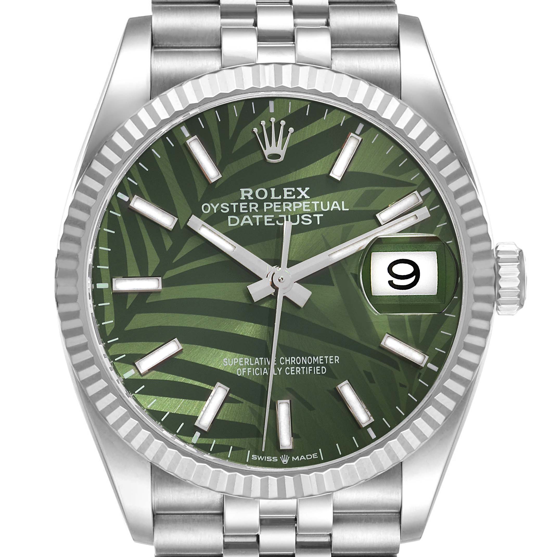 Rolex Datejust Steel White Gold Olive Green Palm Dial Mens Watch 126234 Box Card