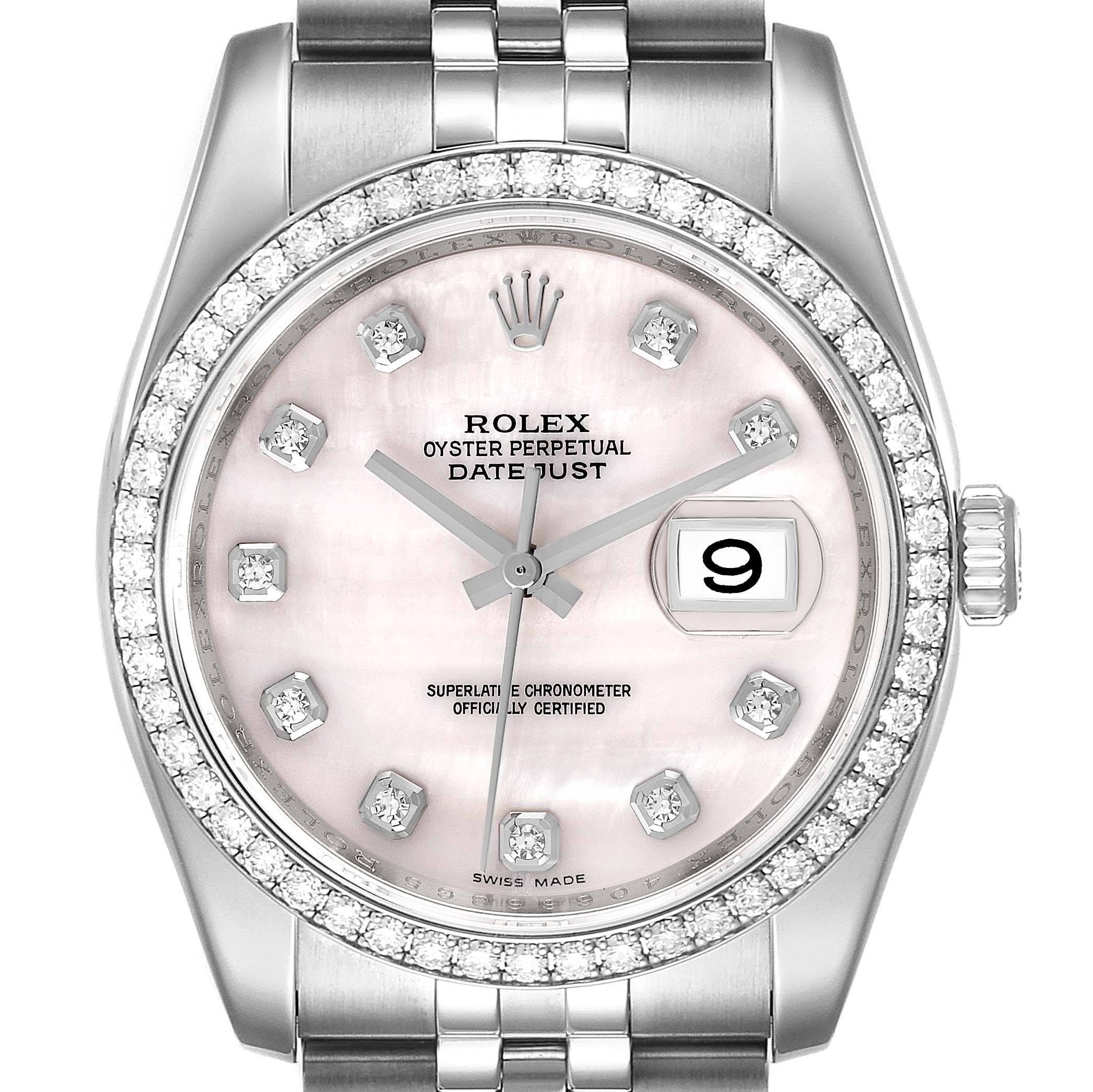 Rolex Datejust Mother of Pearl Diamond Steel Mens Watch 116244 Box Card  #x2B; 1 Watch Link