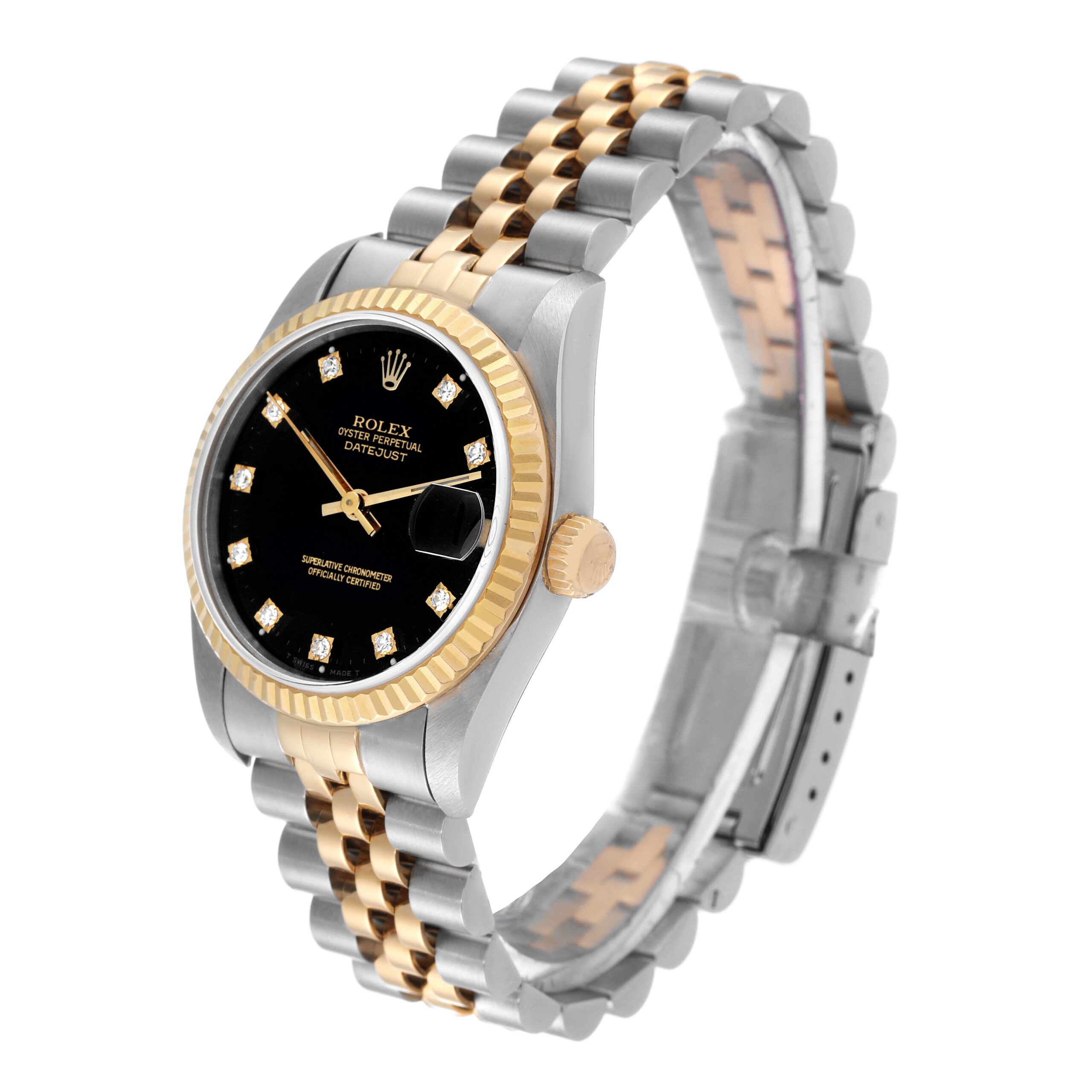 Rolex Datejust Midsize Steel Yellow Gold Black Diamond Dial Ladies Watch 68273