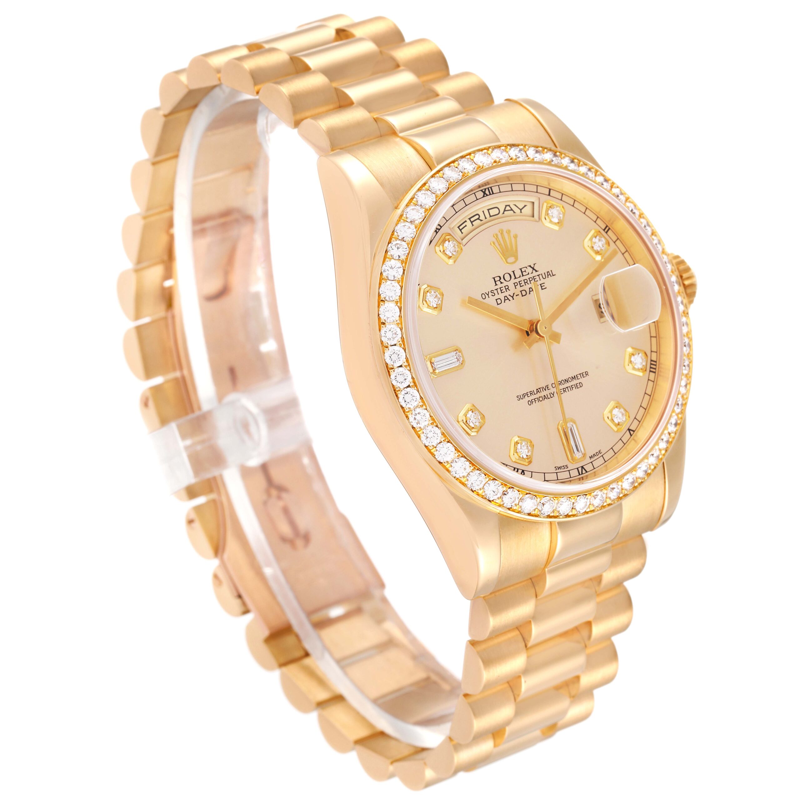 Rolex President Day-Date Yellow Gold Diamond Bezel Mens Watch 118348 Box