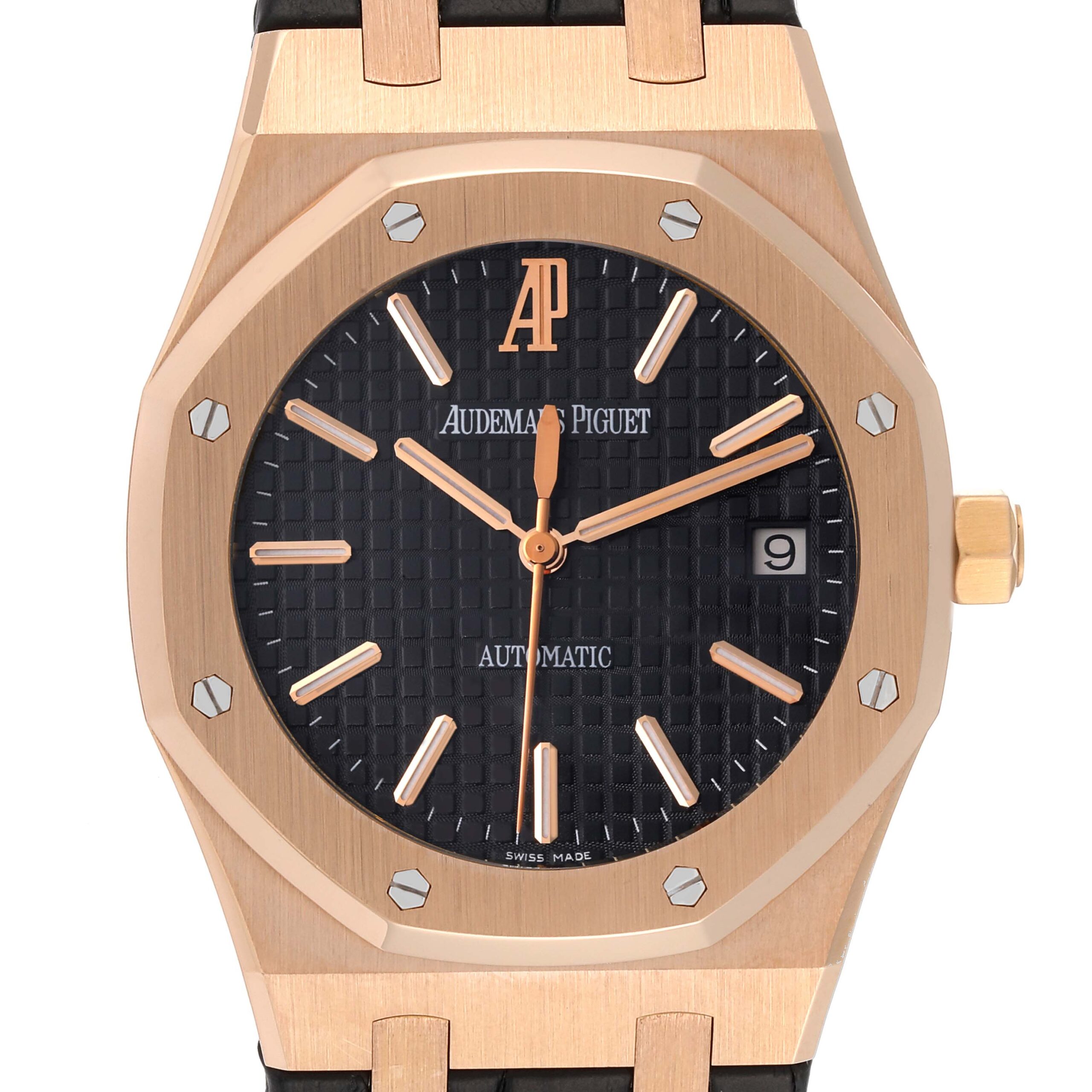 Audemars Piguet Royal Oak 18k Rose Gold Black Dial Watch 15300OR Box Papers