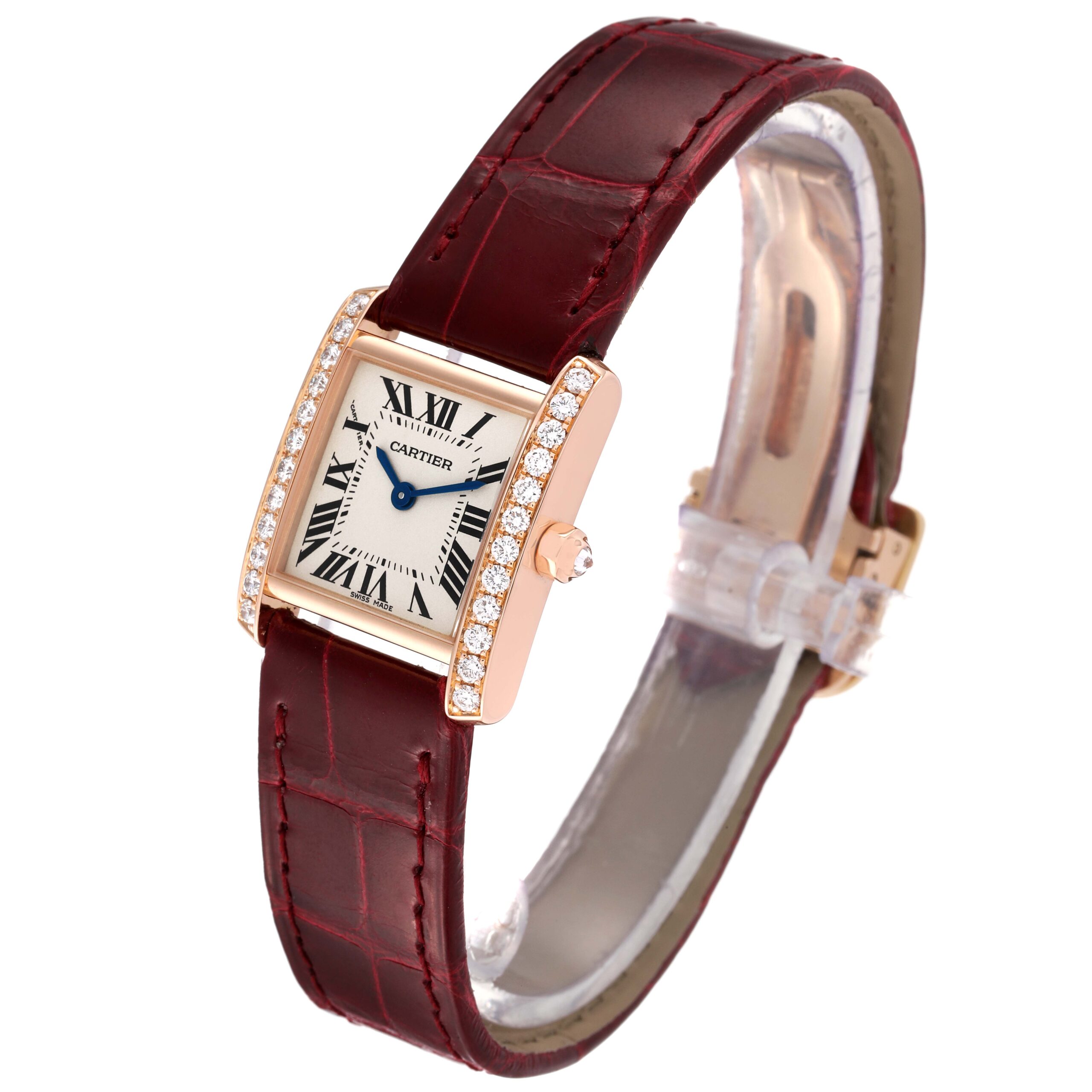 Cartier Tank Francaise Rose Gold Diamond Burgundy Strap Ladies Watch WE104531