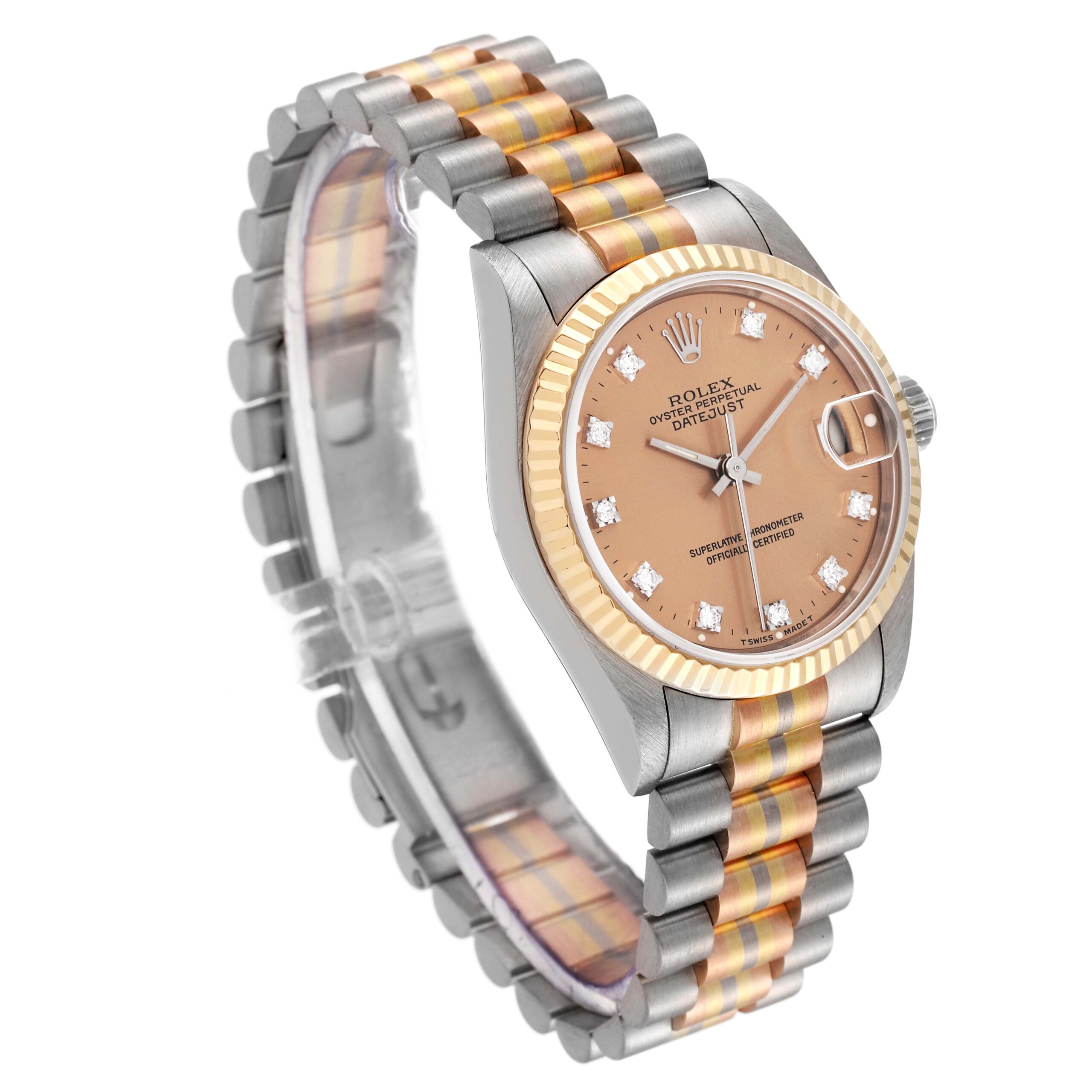Rolex President Midsize Tridor White Yellow Rose Gold Diamond Ladies Watch 68279