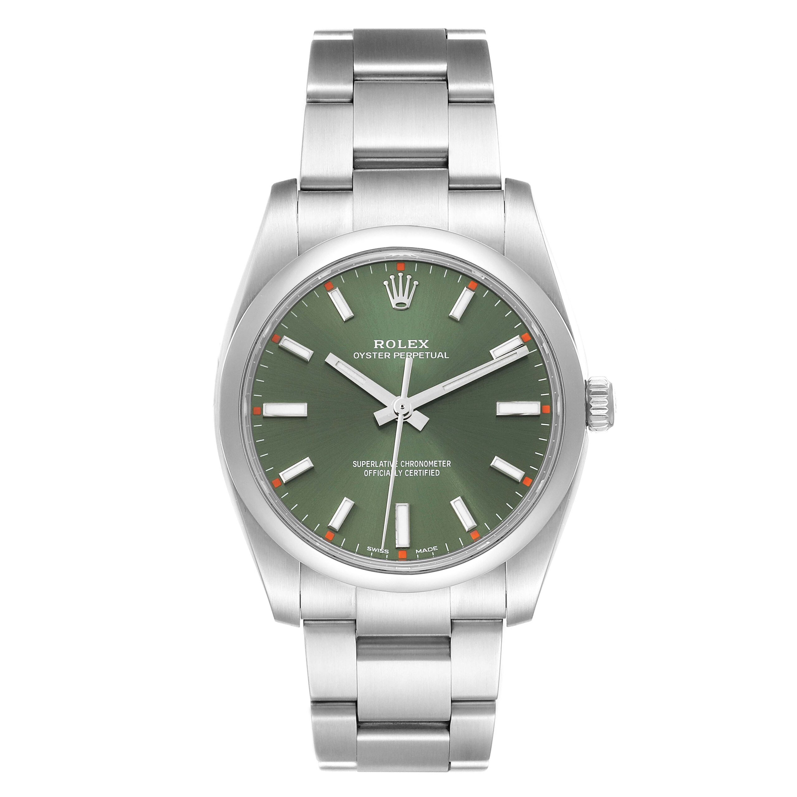 Rolex Oyster Perpetual 34mm Olive Green Dial Steel Mens Watch 114200