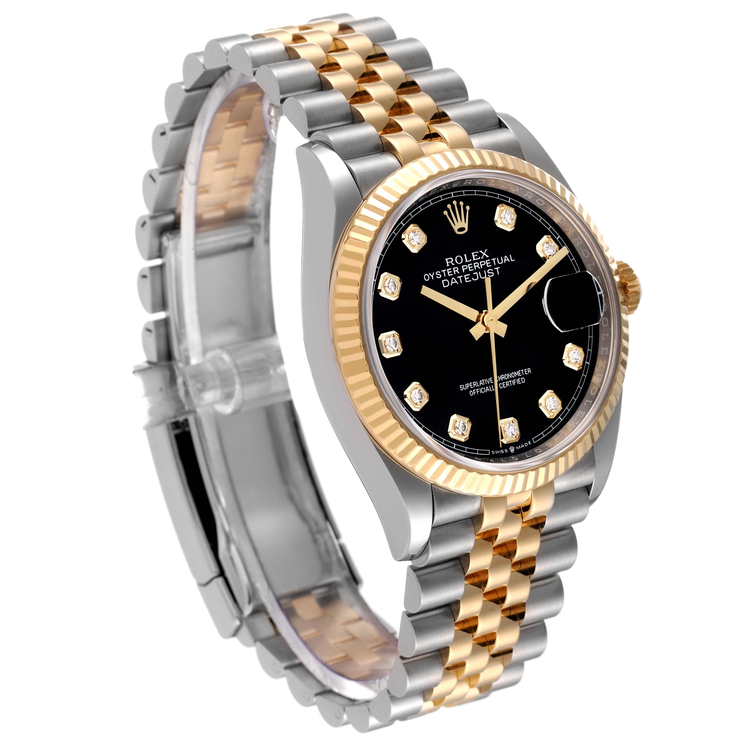 Rolex Datejust Steel Yellow Gold Black Diamond Dial Mens Watch 126233