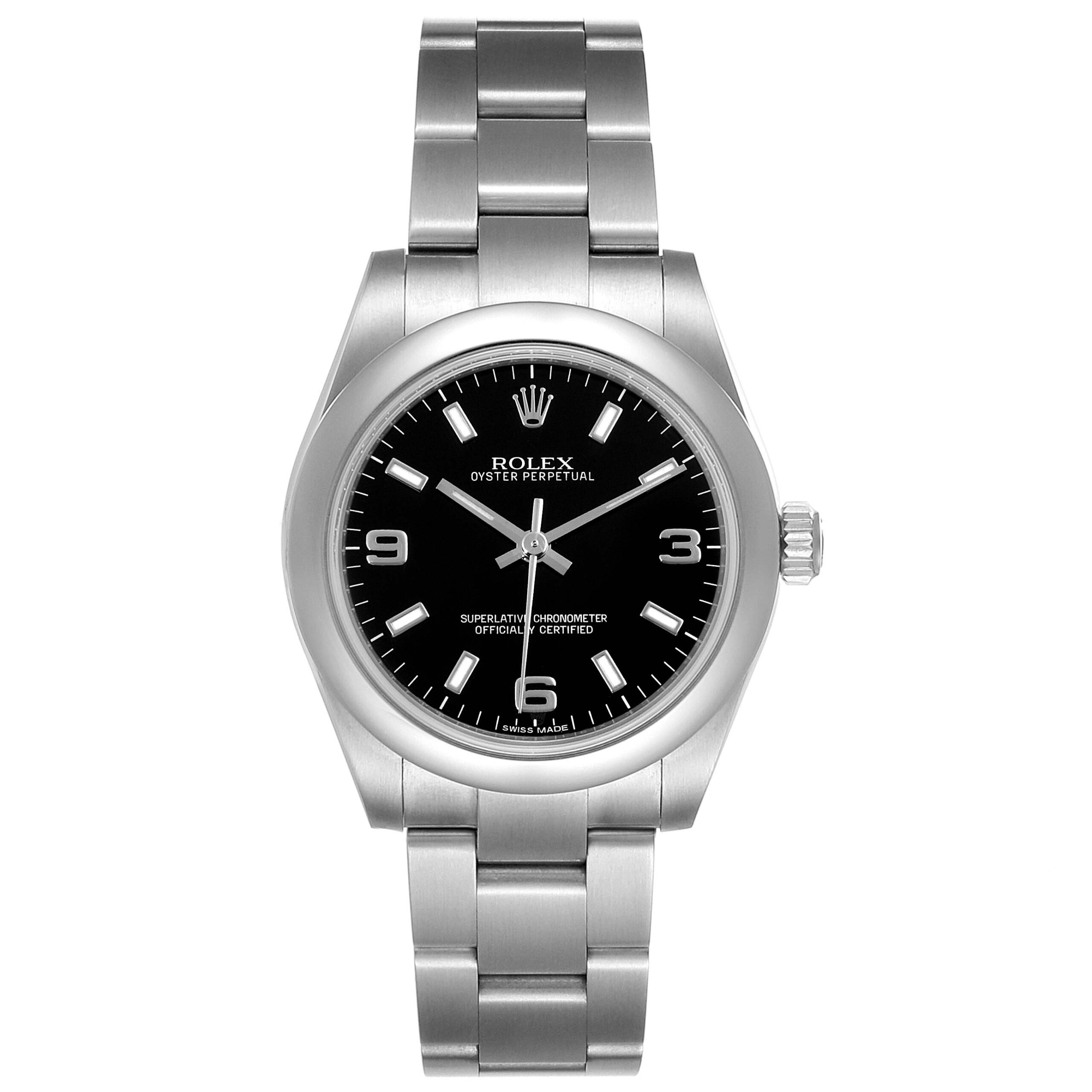 Rolex Midsize Black Dial Domed Bezel Steel Ladies Watch 177200 Box Card