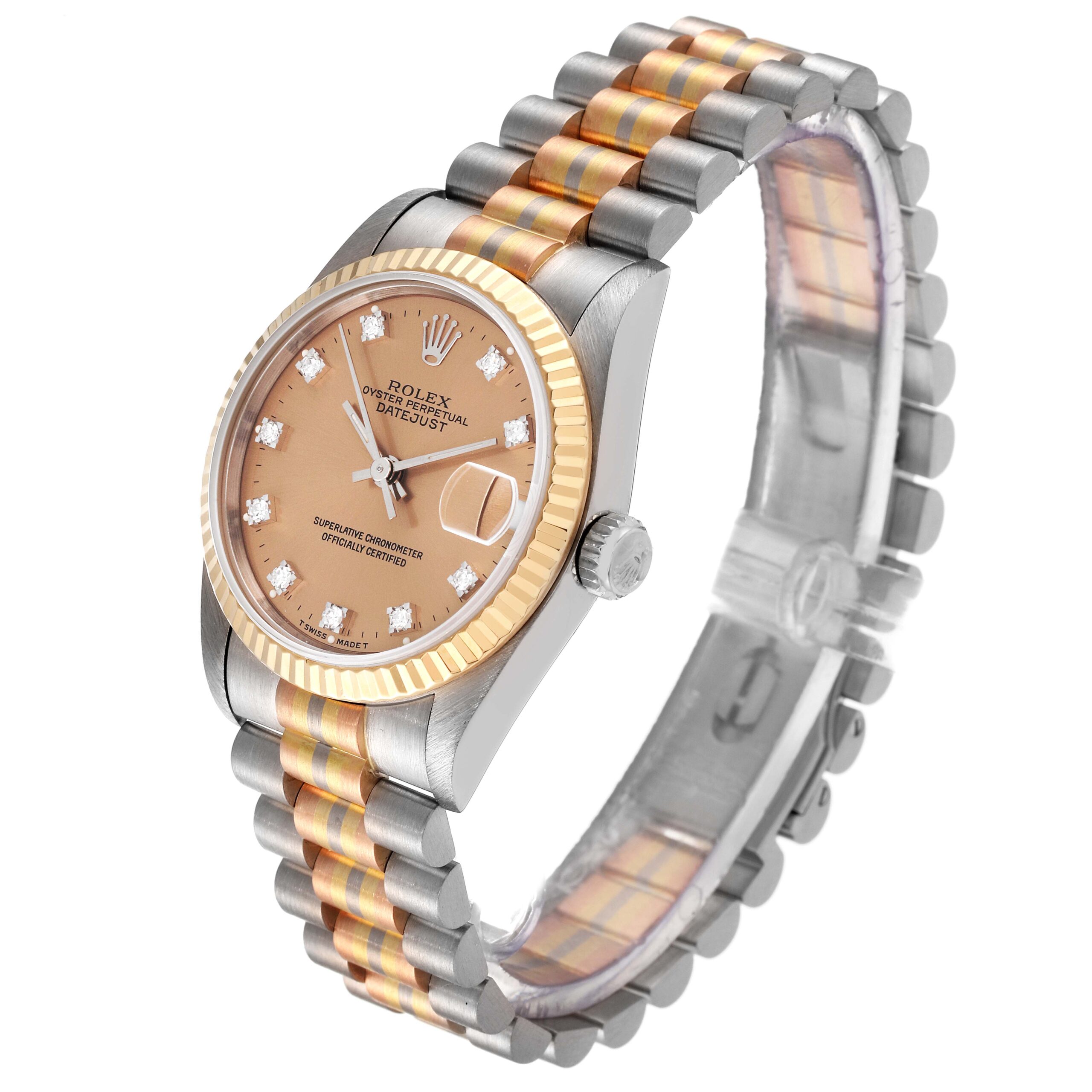Rolex President Midsize Tridor White Yellow Rose Gold Diamond Ladies Watch 68279