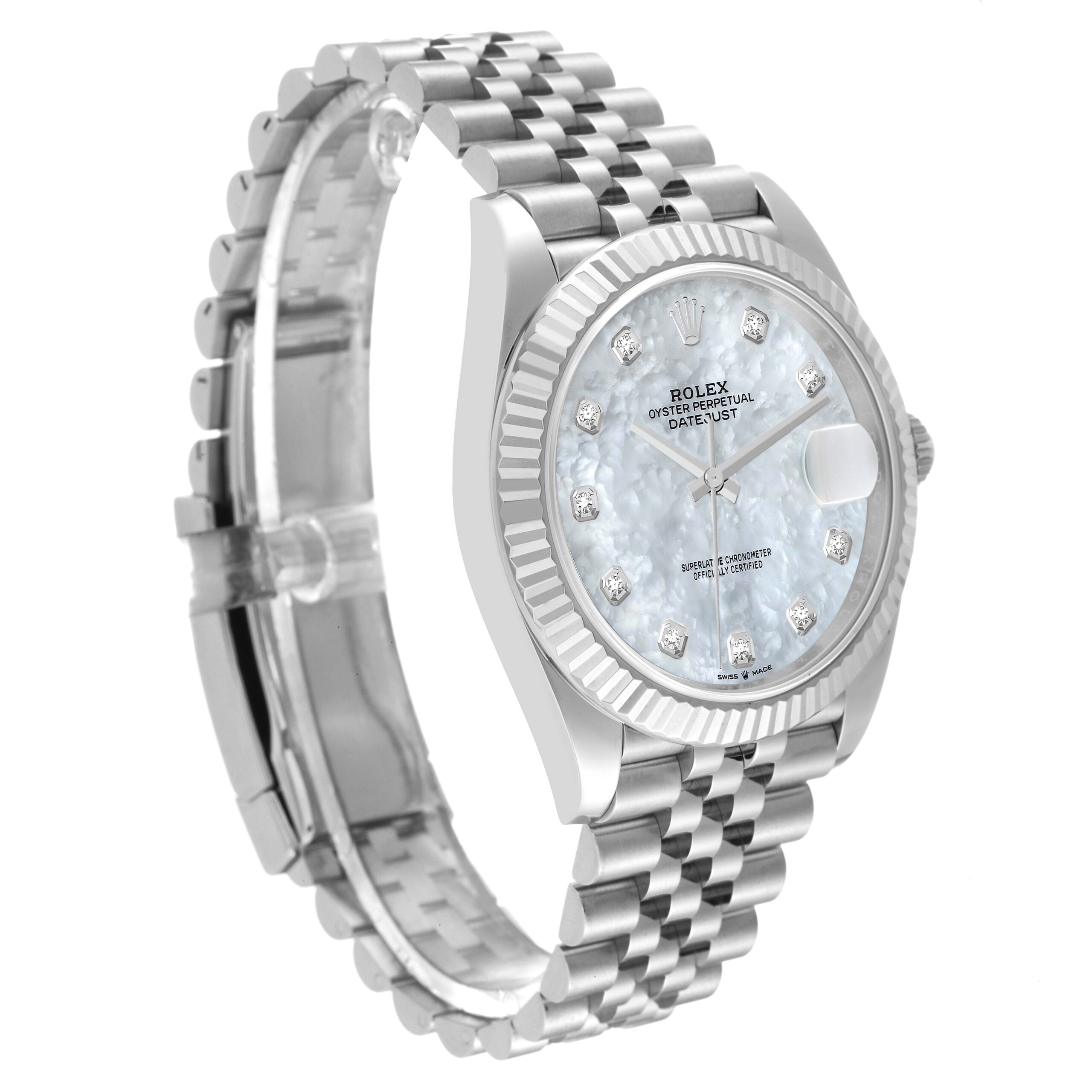 Rolex Datejust 41 Steel White Gold Mother Of Pearl Diamond Dial Mens Watch 126334 Box Card