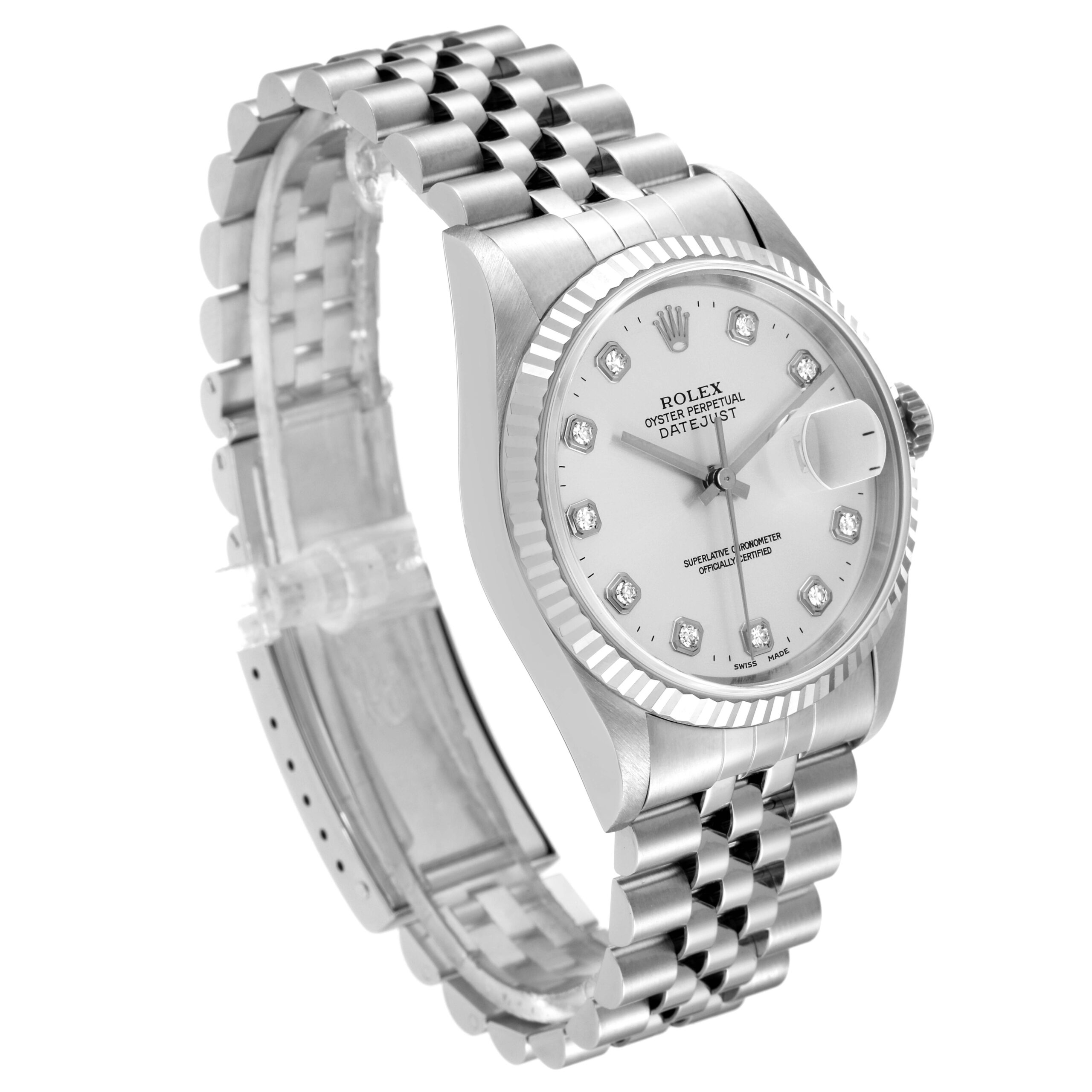 Rolex Datejust Steel White Gold Silver Diamond Dial Mens Watch 16234