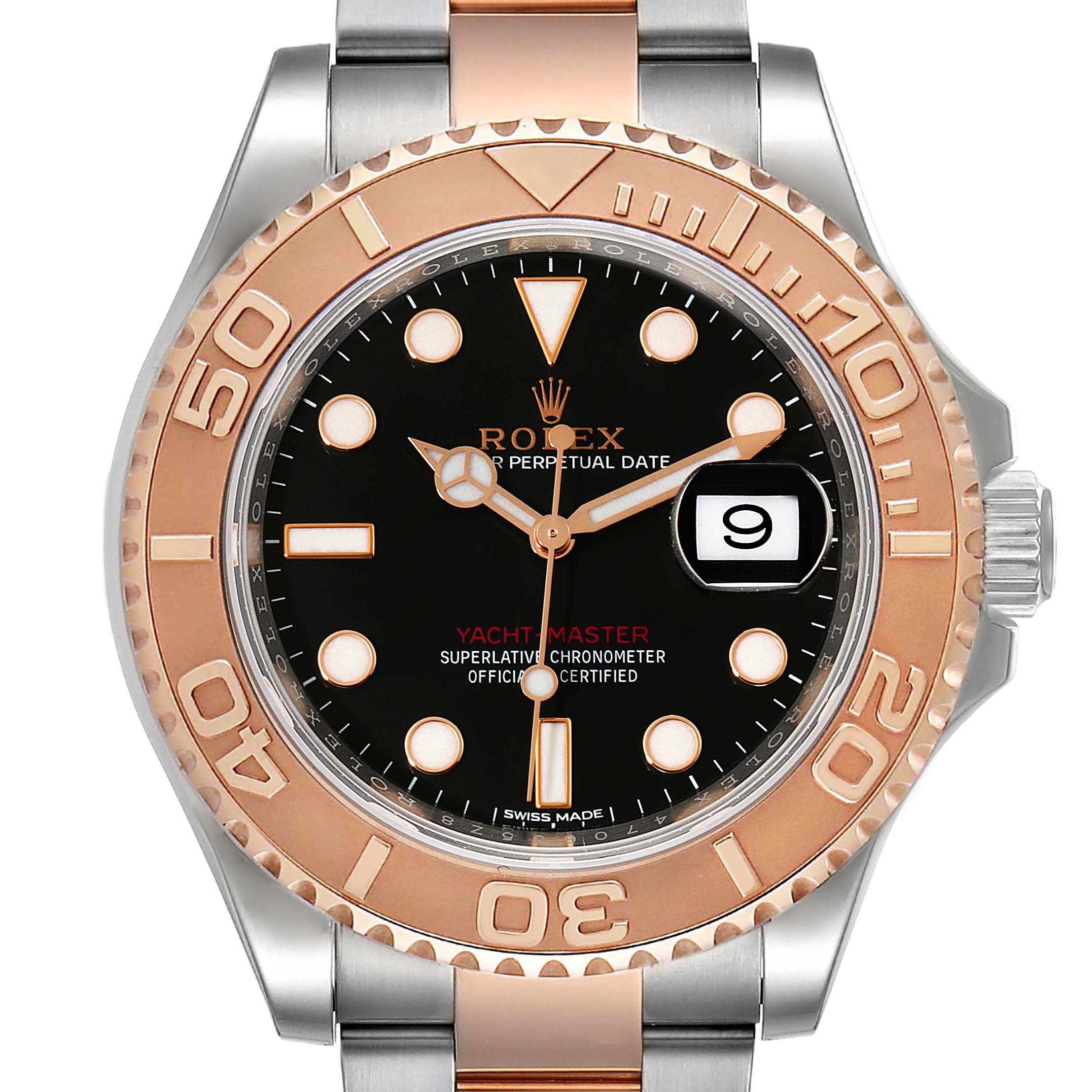 Rolex Yachtmaster Rose Gold Steel Black Dial Mens Watch 116621 Box Card