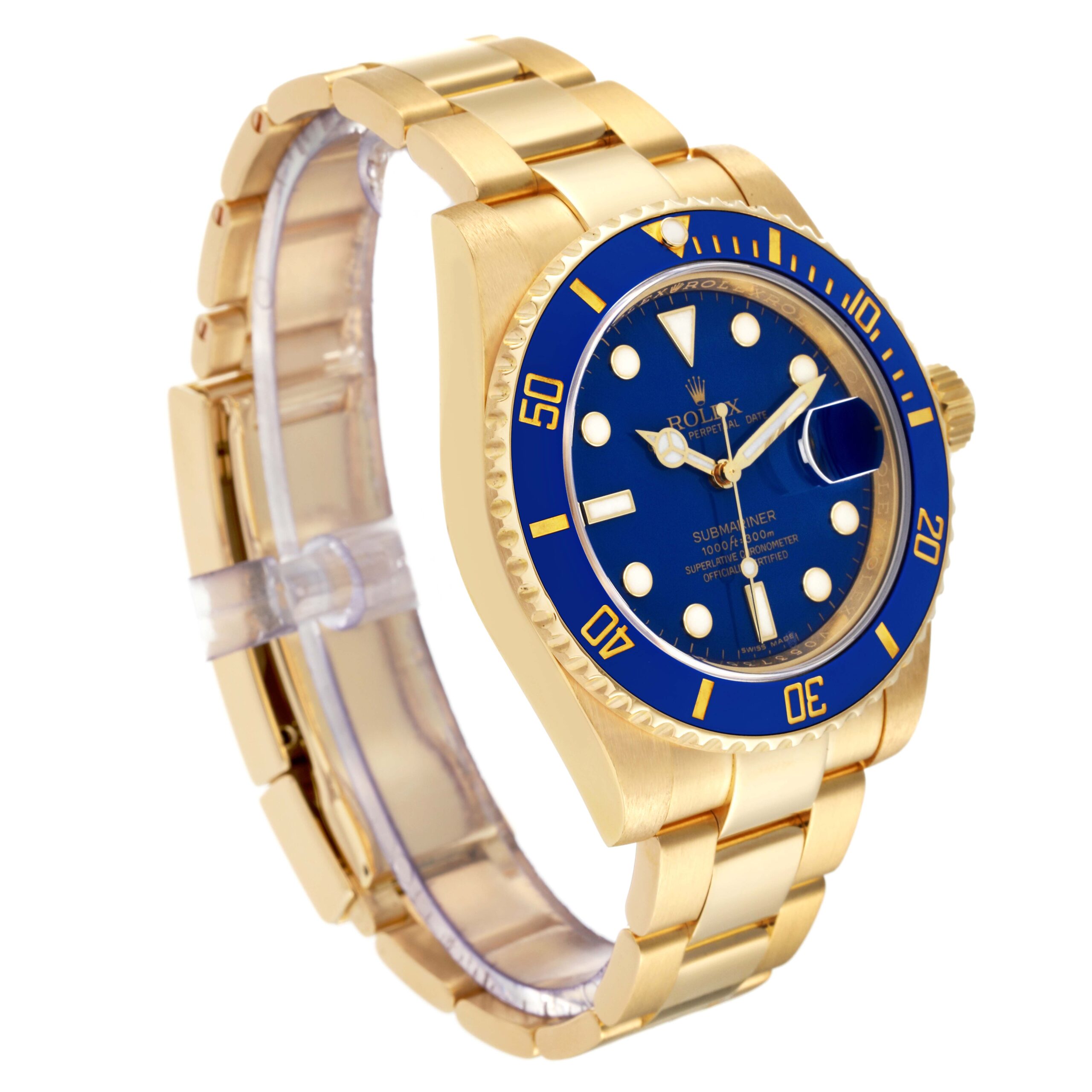 Rolex Submariner Yellow Gold Blue Dial Ceramic Bezel Mens Watch 116618