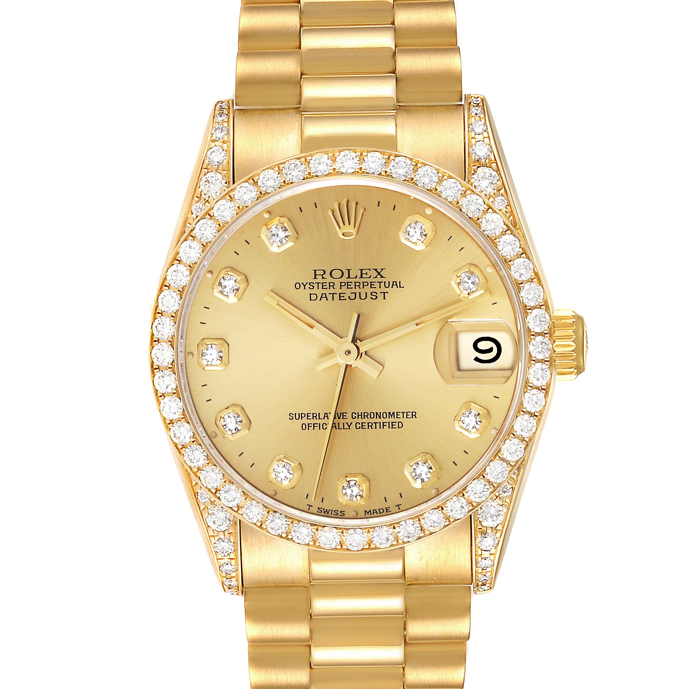 Rolex Datejust President Midsize Yellow Gold Diamond Bezel Ladies Watch 68158